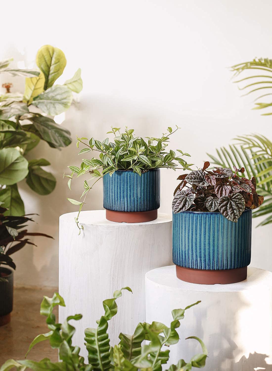 LE TAUCI Ceramic Plant Pots with Drainage Holes, Set of 3, 8+6.7+5.5 Inch Stripe Garden Planter Pots for Outdoor Indoor Plants Flower