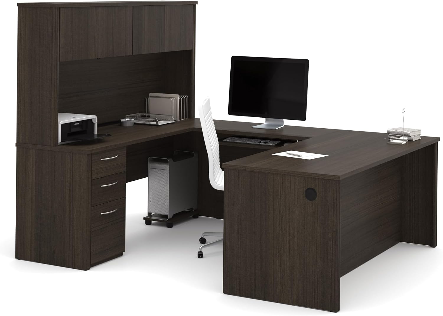 Bestar Embassy 72W U-Shaped Executive Desk with Pedestal and Hutch in Dark Chocolate | With Pedestal and Hutch, with Narrow Desk Shell, Desk Shell