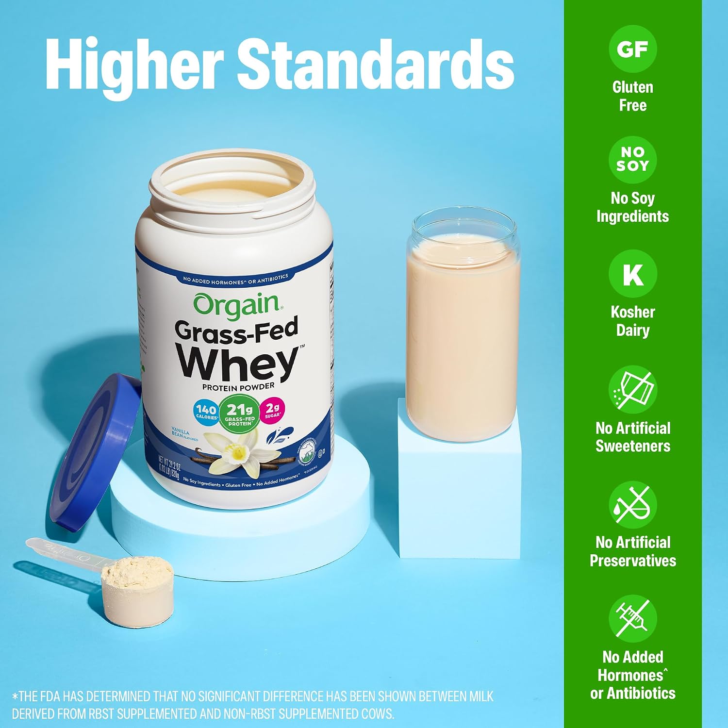 Orgain 21g Grass-Fed Whey Protein Powder, 5g BCAAs, Chocolate, 1.82lb | Dairy protein, 5g BCAAs, 4g prebiotic fiber, no sugar added, no added hormones, gluten free, kosher, for shakes & smoothies