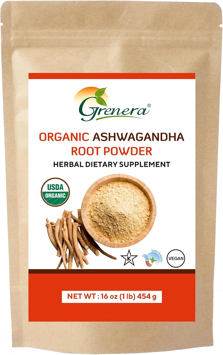 Grenera Organic Ashwagandha Root Powder | 2.2 lbs (1 kg) | USDA Organic, Vegan, Kosher Certified | Non-GMO, Gluten Free | Ashwagandha Powder for Smoothies, Drinks, Recipes | Lab Tested
