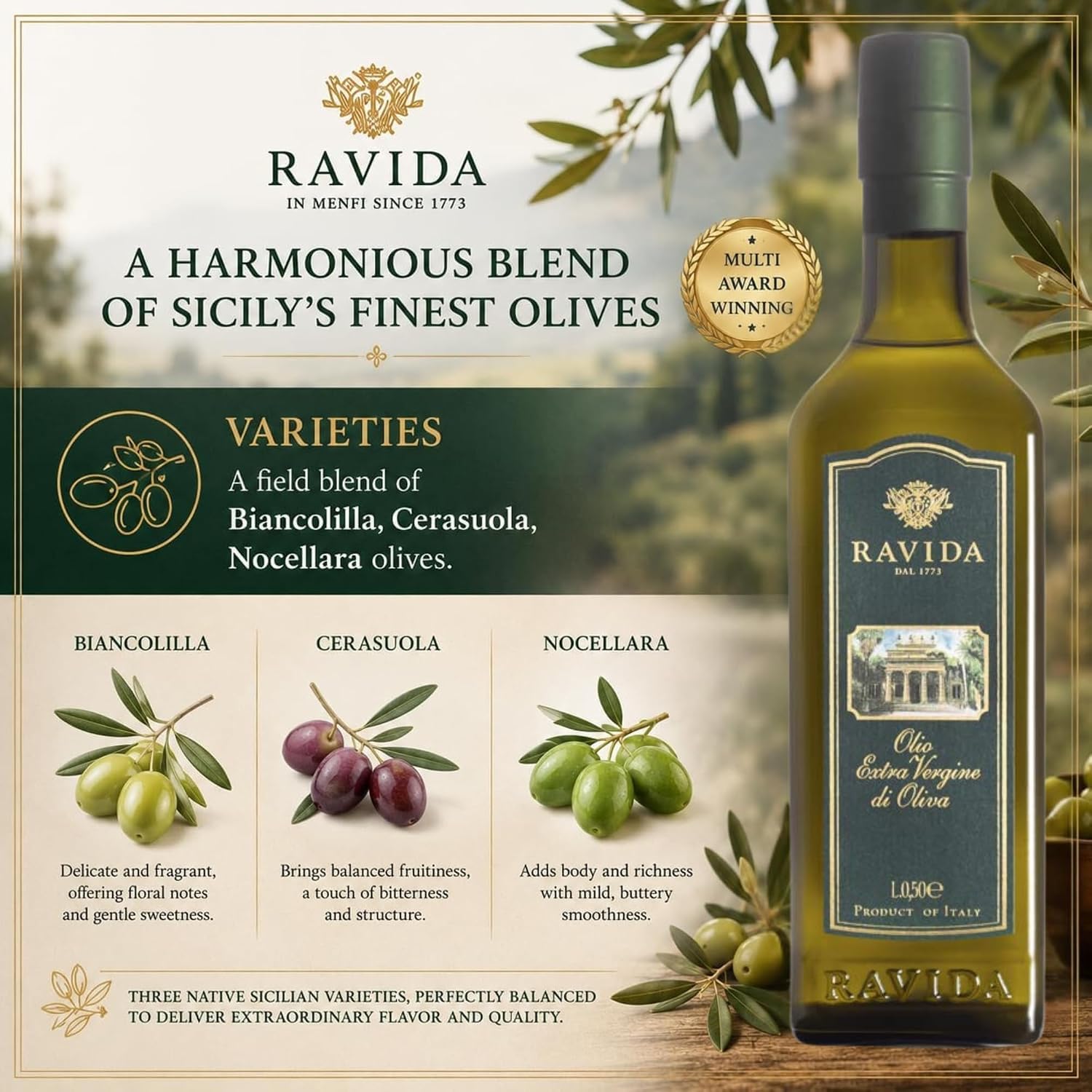 Ravida Extra Virgin Olive Oil, 25 Fl Oz– Multi Award-Winning Sicilian EVOO, Cold Extracted, Medium Fruity, Premium First Cold Pressed Olive Oil