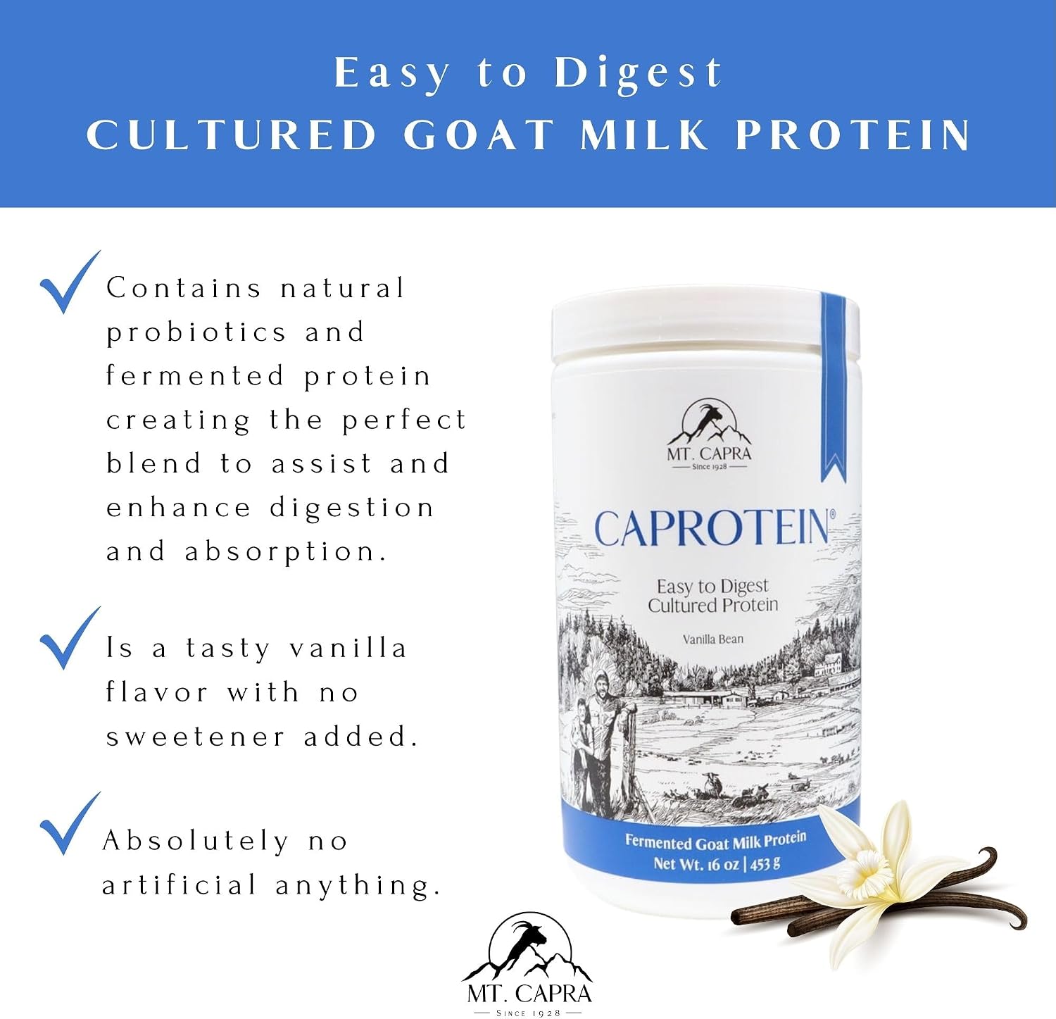 Mt. Capra Caprotein | Casein Protein Concentrate, Fermented Goat Milk Protein from Grass-Fed Pastured Goats