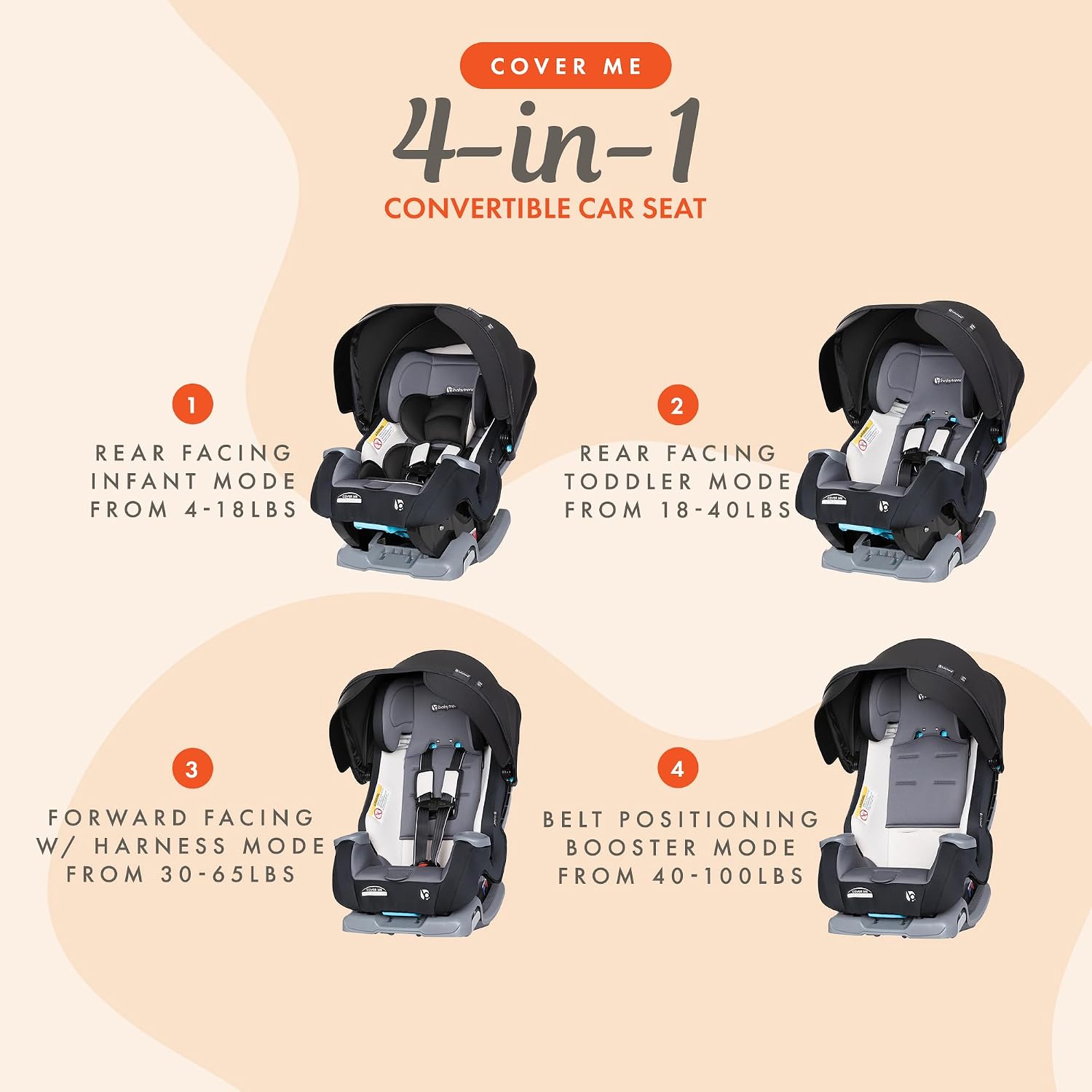 Baby Trend Cover Me™ 4-in-1 Convertible Car Seat, Vespa – Built-in Canopy, 4-Stage Growth System, Plush Comfort Padding, Multi-Position Recline