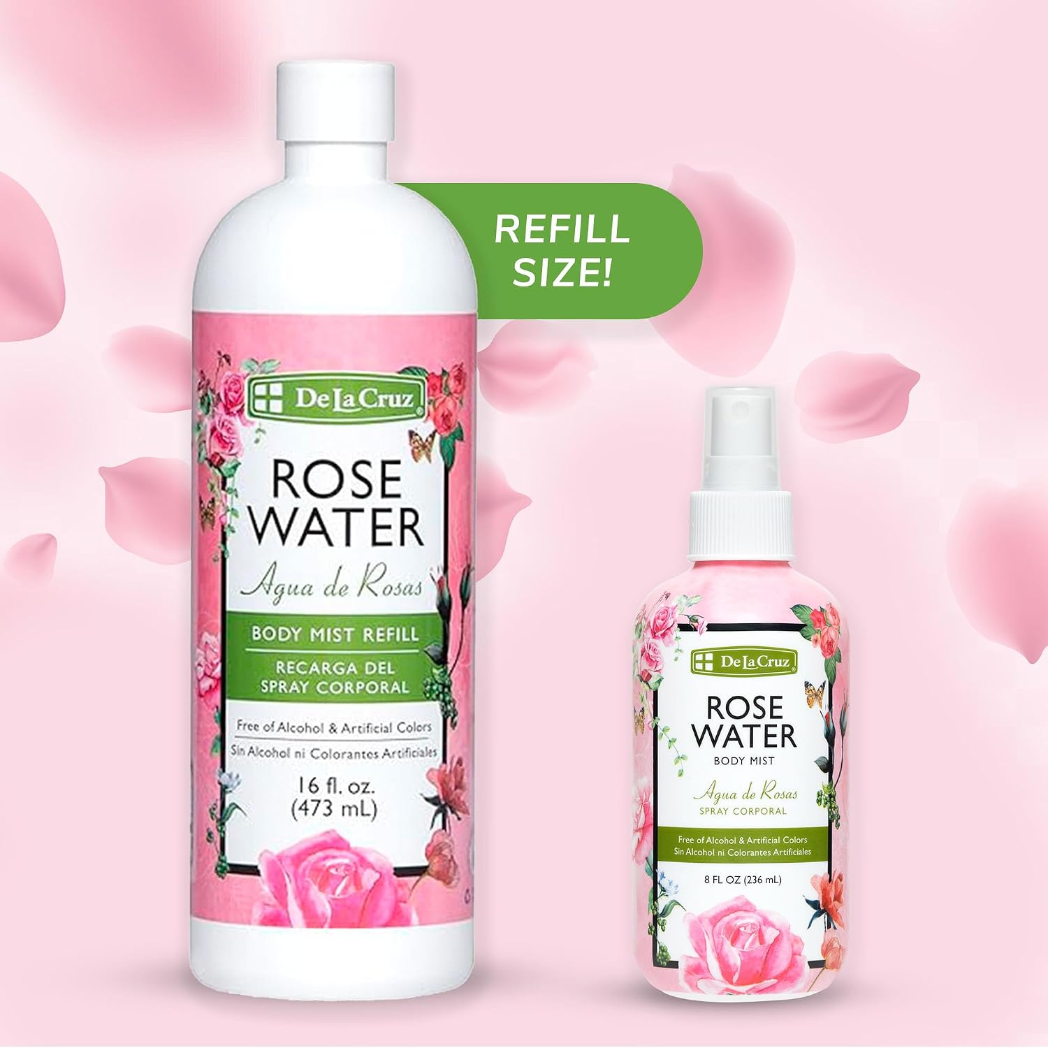 De La Cruz Rose Water Body & Hair Mist, 8 fl. oz Spray (236 mL) | Rose Water Spray, With Rose Flower Extract, Face, Hair & Body Mist, Home Mist, Alcohol Free, Refreshing & Soothing