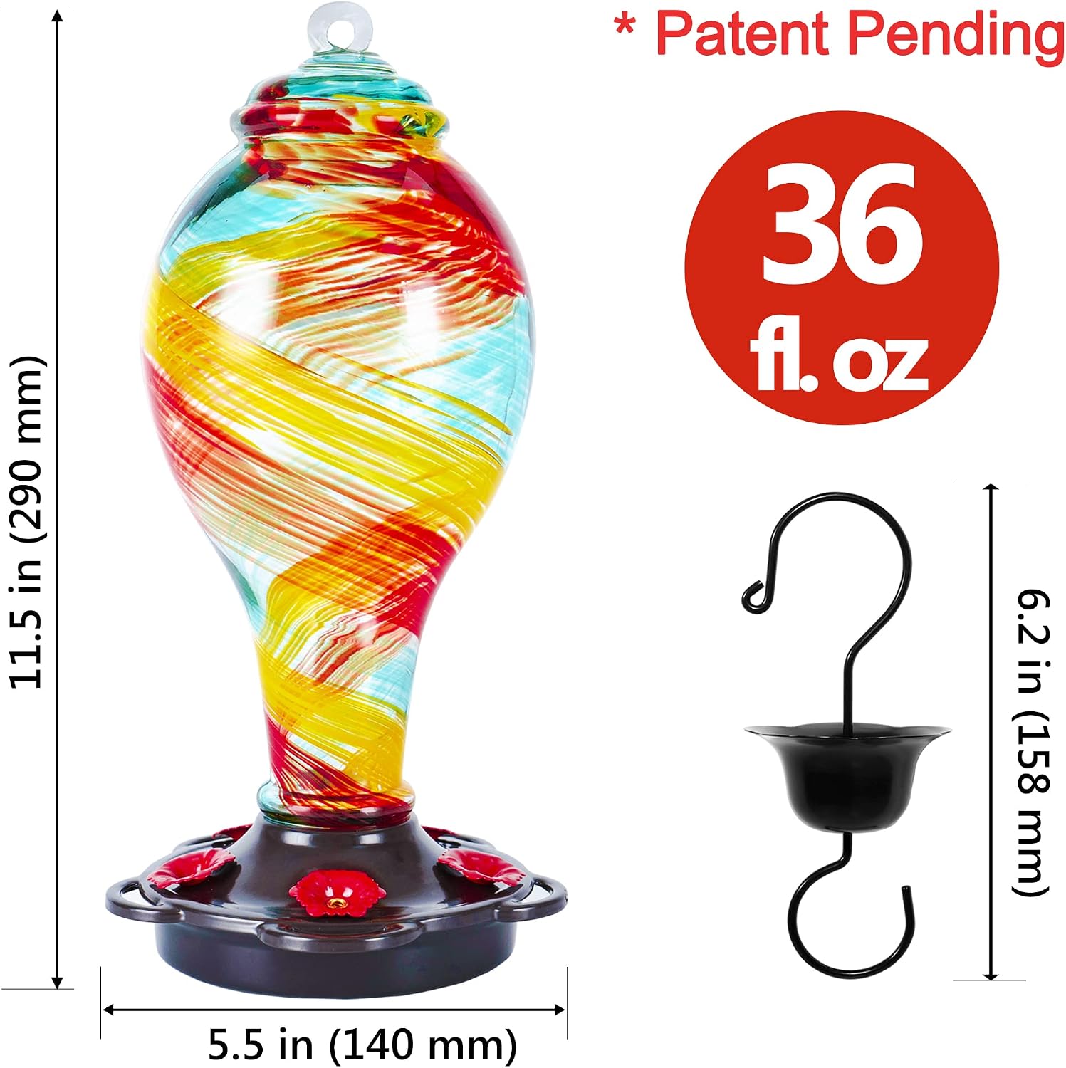 LUJII Hummingbird Feeder, Hand Blown Glass Hummingbird Feeder, Never Fade, 36 Fluid Ounces, 5 Feeding Metal Stations, Much Bigger, Garden Backyard Decorative, Containing Ant Moat (Blue)