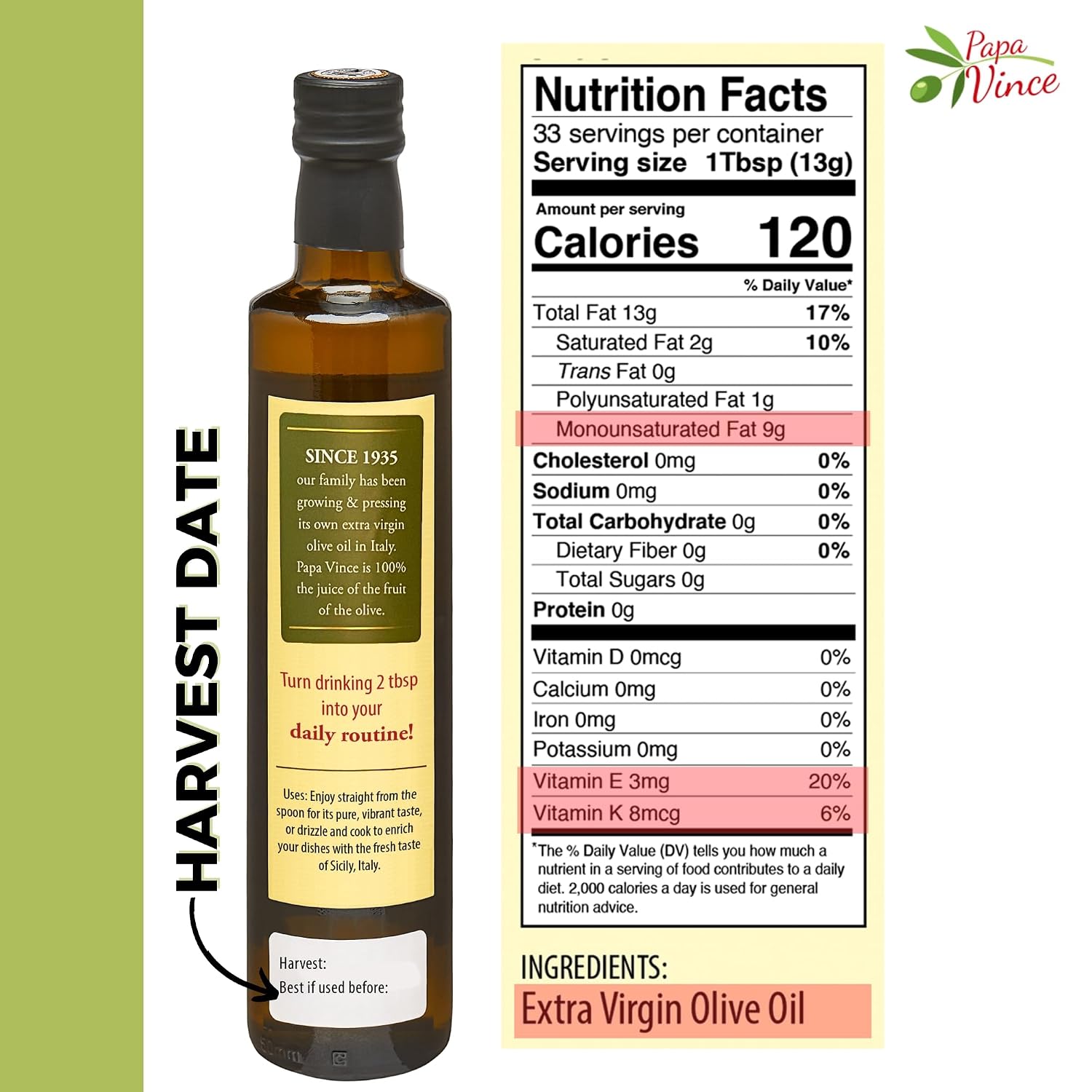 Papa Vince Olive Oil Extra Virgin - First Cold Press, Sicily, Italy | Buttery, smooth, gentle peppery finish - unrefined, unblended
