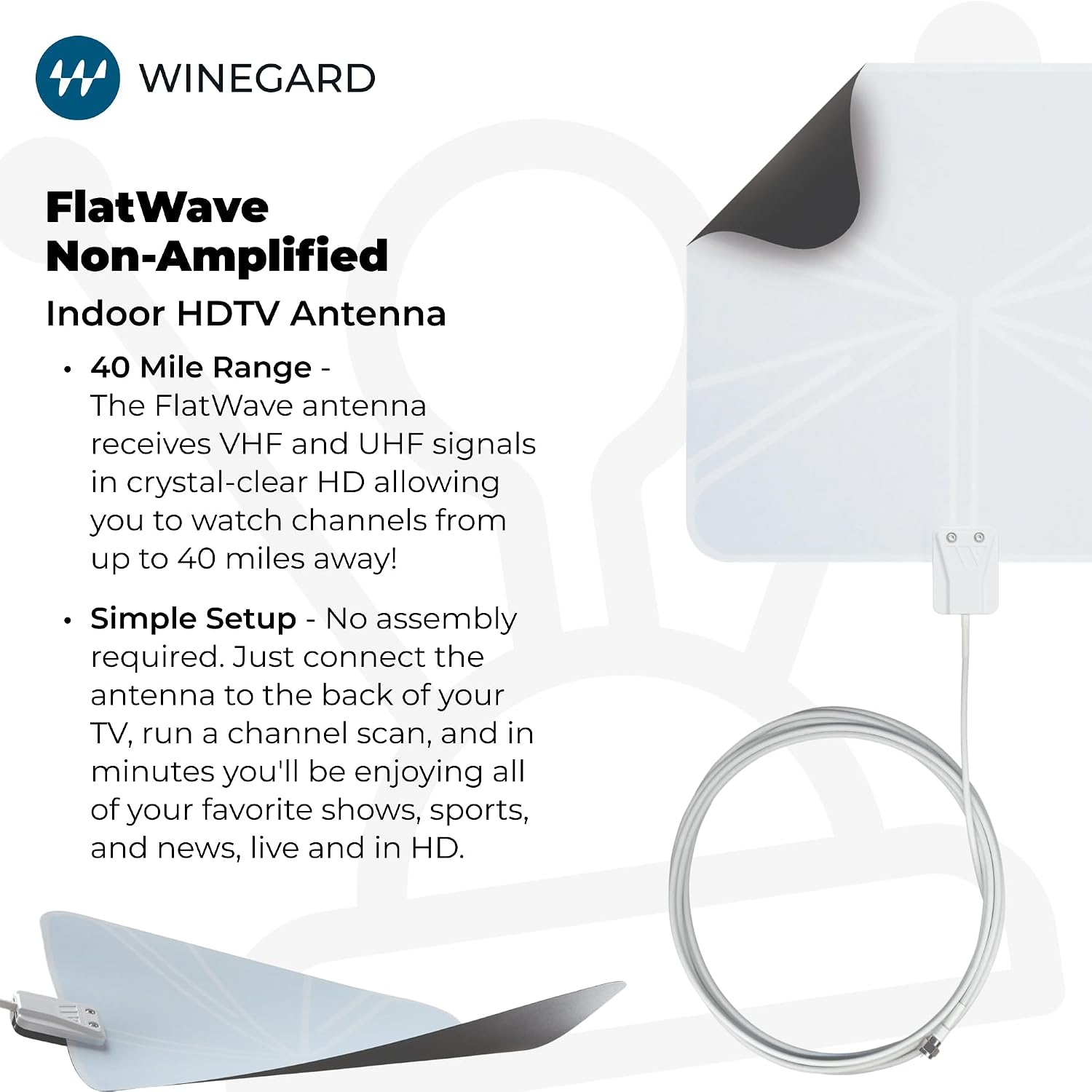 Winegard FL-5000 Indoor HD Antenna FlatWave - Non-Amplified VHF/UHF Indoor TV Antenna-Over-the-Air Reception-40 Mile Range-NextGen TV Compatible Ultra-Thin-Dual Color Easy Setup-For Metro Areas