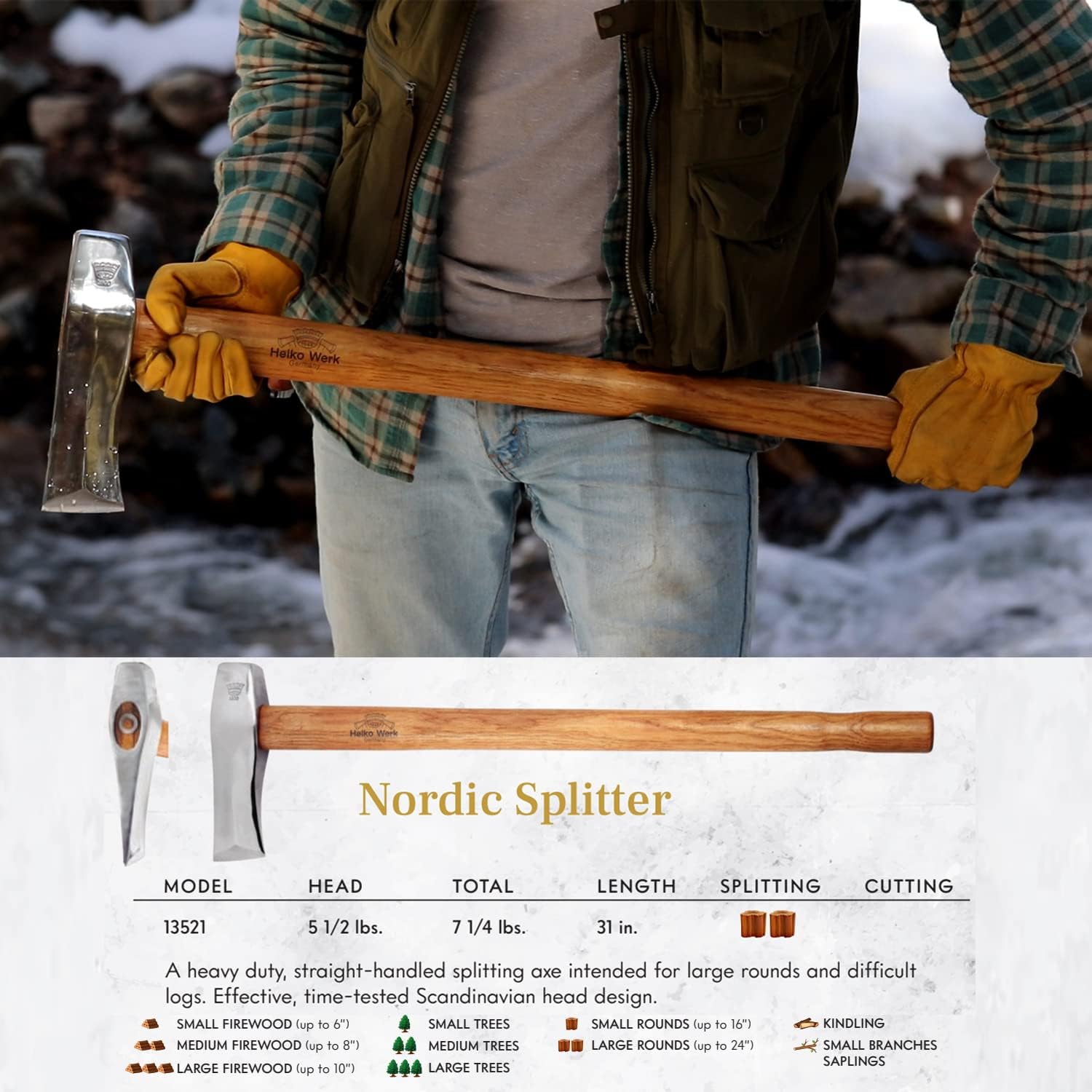 1844 Helko Werk Germany Classic Expedition Felling Axe (10497) | Made in Germany Large Felling Axe for Heavy Duty Felling Trees Cutting Wood and Timber Head 4.5lb, Handle 35 inches