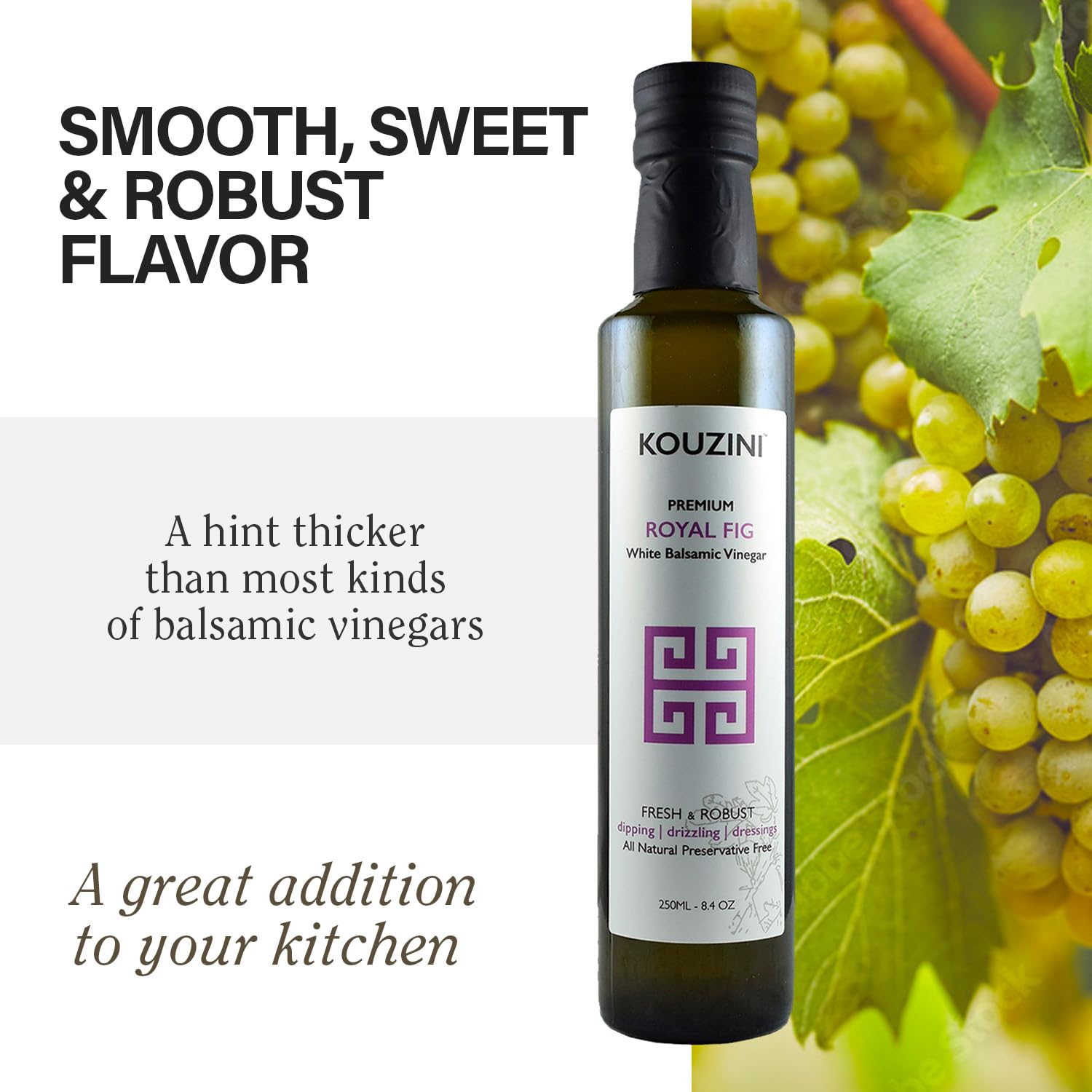 Kouzini Ultra-Premium Peach White Balsamic Vinegar, Aged, No Added Sugars or Preservatives, Ideal for Salads, Meats, Fish, Pizza, & Bread Dipping, Luxurious Balsamic Vinegar of Modena, 250ml