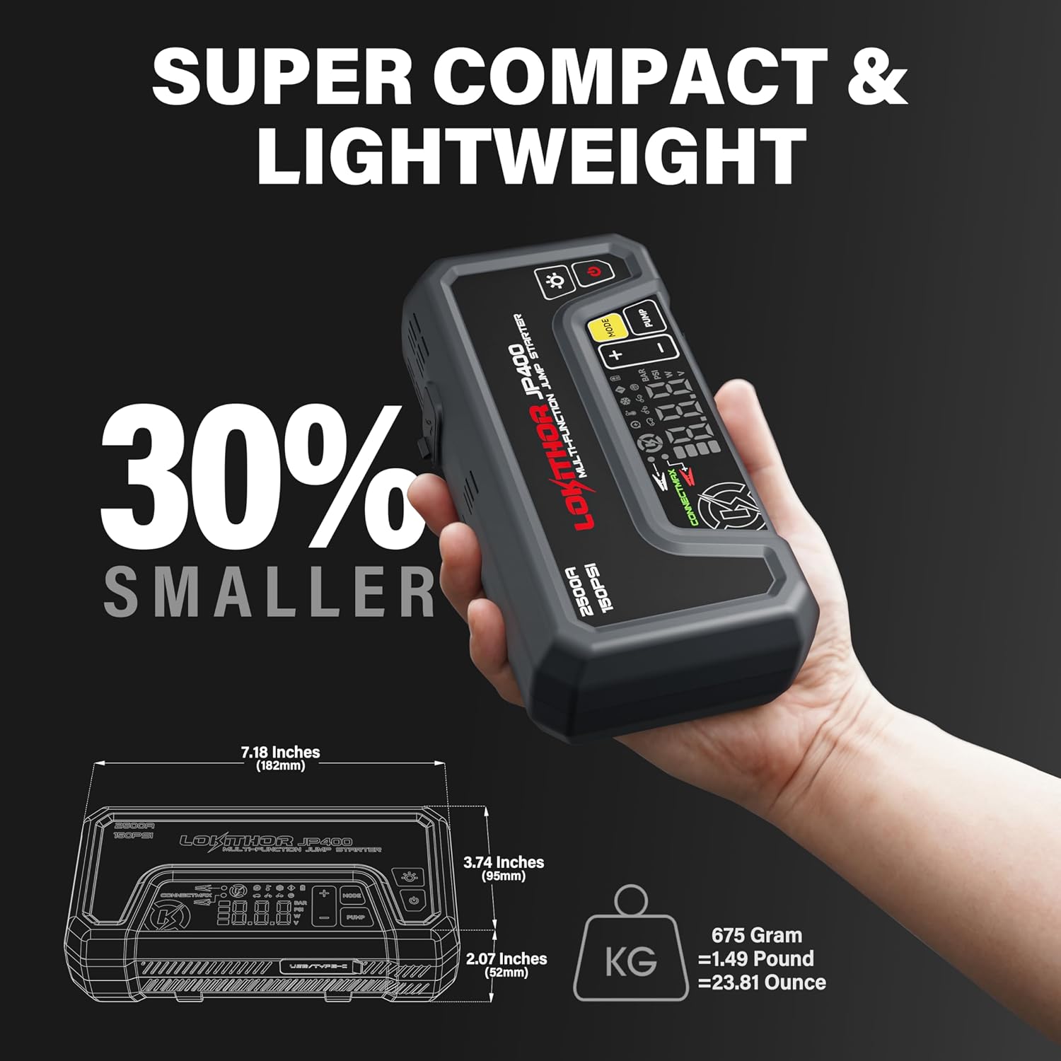 LOKITHOR JP400 Jump Starter with Air Compressor for 8.5L Gas/6.5L Diesel | 2500A 12V Portable Jumper Starter for Car, 150PSI Tire Inflator, 300 Lumen LED Light, Power Bank, ConnectMax, Jumper Cables