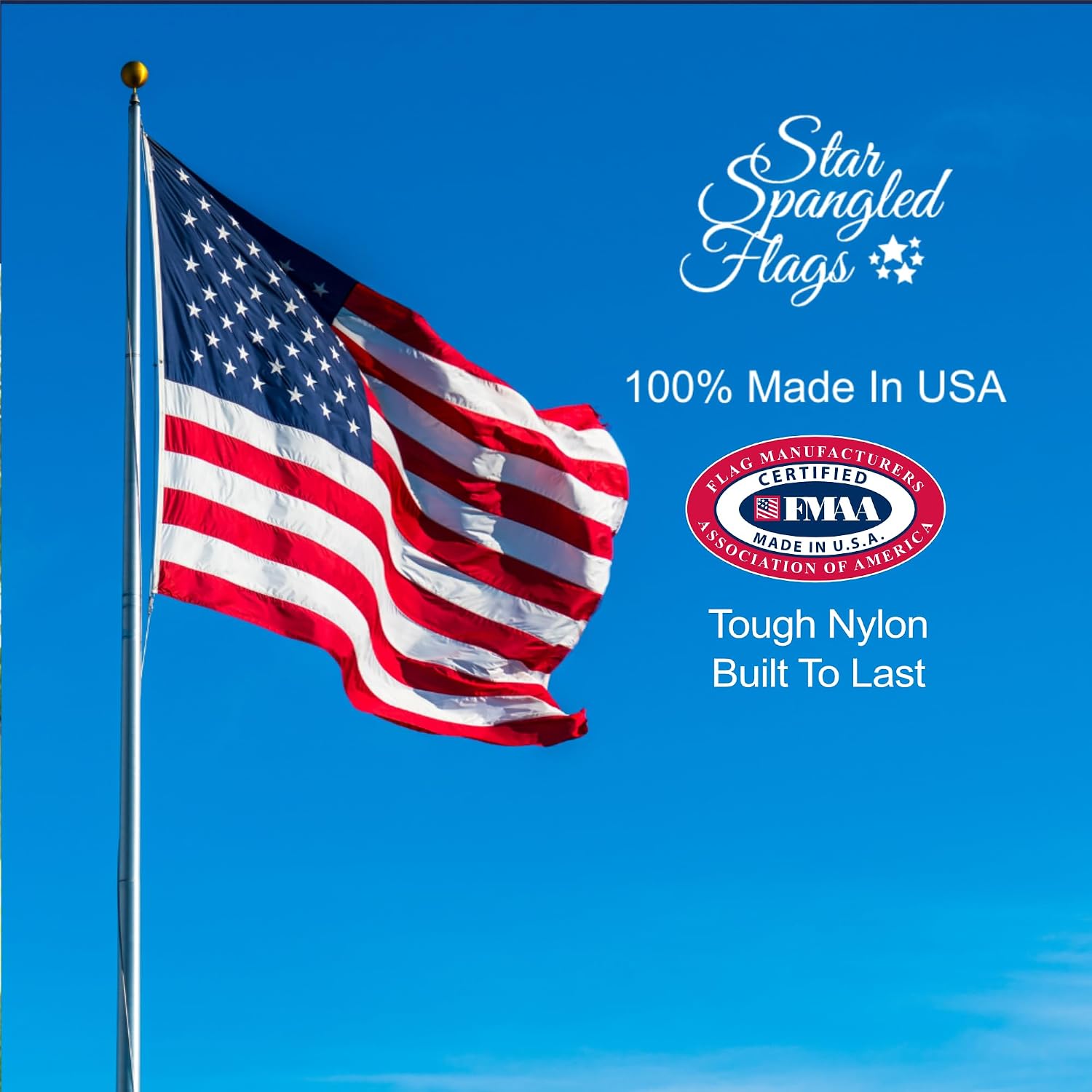 American Flag 4x6-100% Made In USA using Tough, Long Lasting Nylon Built for Outdoor Use, Featuring Embroidered Stars and Sewn Stripes plus Superior Quadruple Stitching on the Fly End