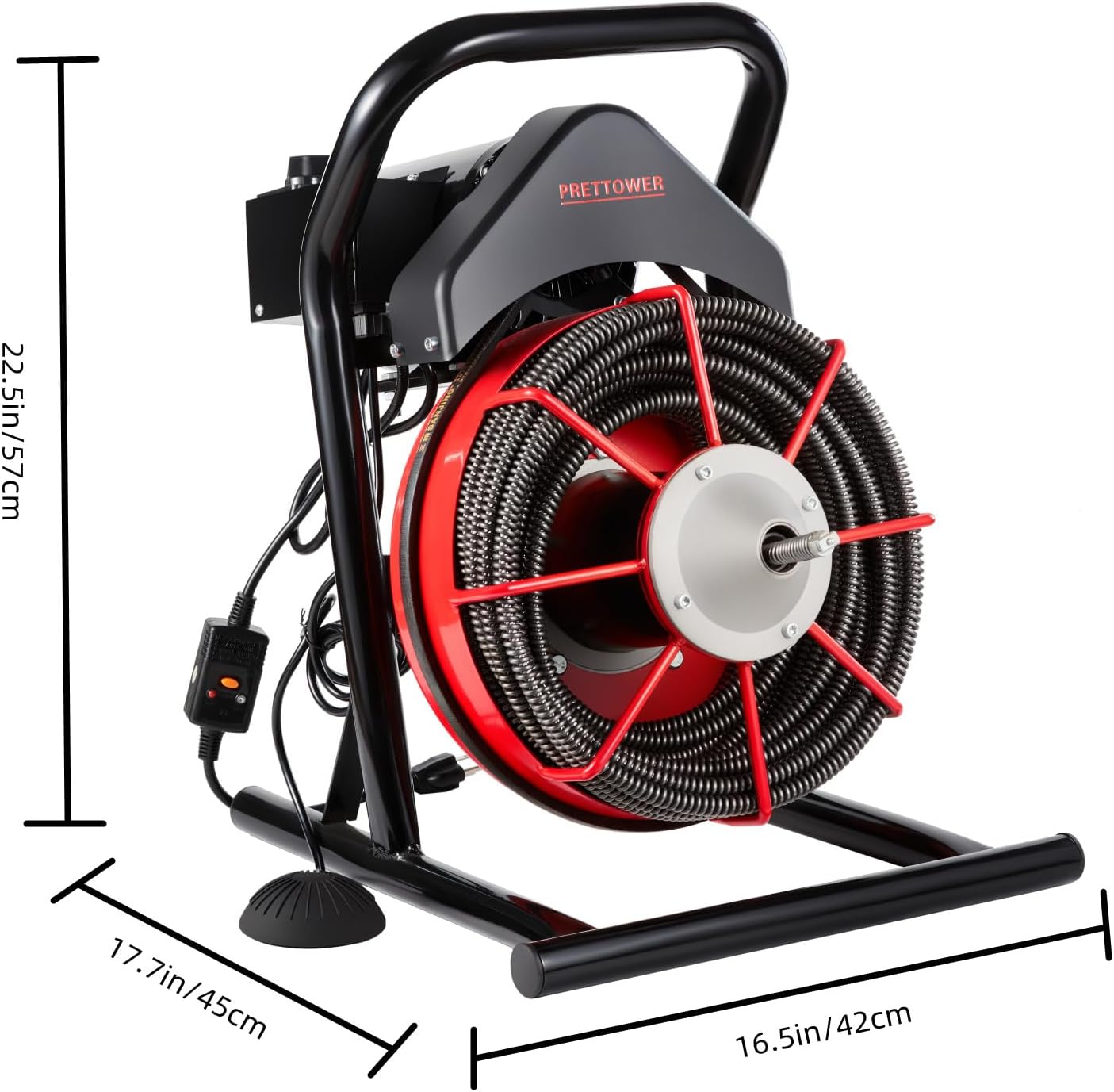 drain cleaner machine，75 Ft x1/2 Inch Electric drain auger, Portable Design, Comes with 6 knife heads, gloves，Foot air switch control