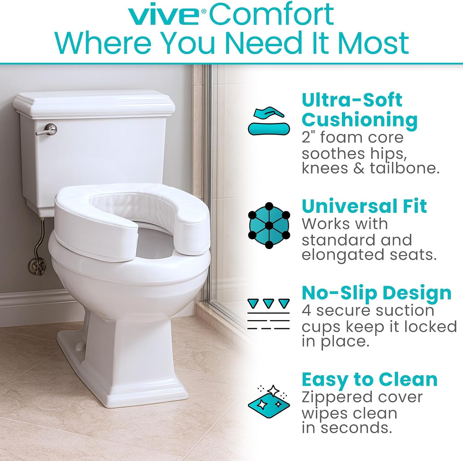 Vive Toilet Seat Cushion (Soft Cushioned Foam) - Easy Clean Soft Padded