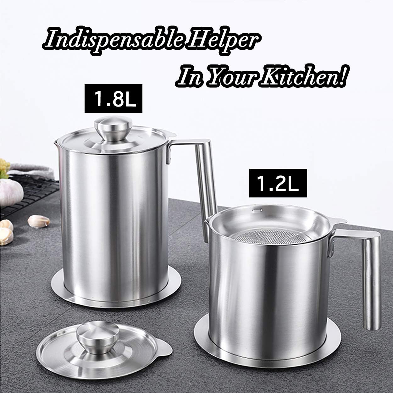 Sumerflos 1.8 L/1.9 Quart Stainless Steel Grease Strainer and Container - Large Oil Storage Pot Grease Keeper with Dust-Proof Lid & Easy Grip Handle