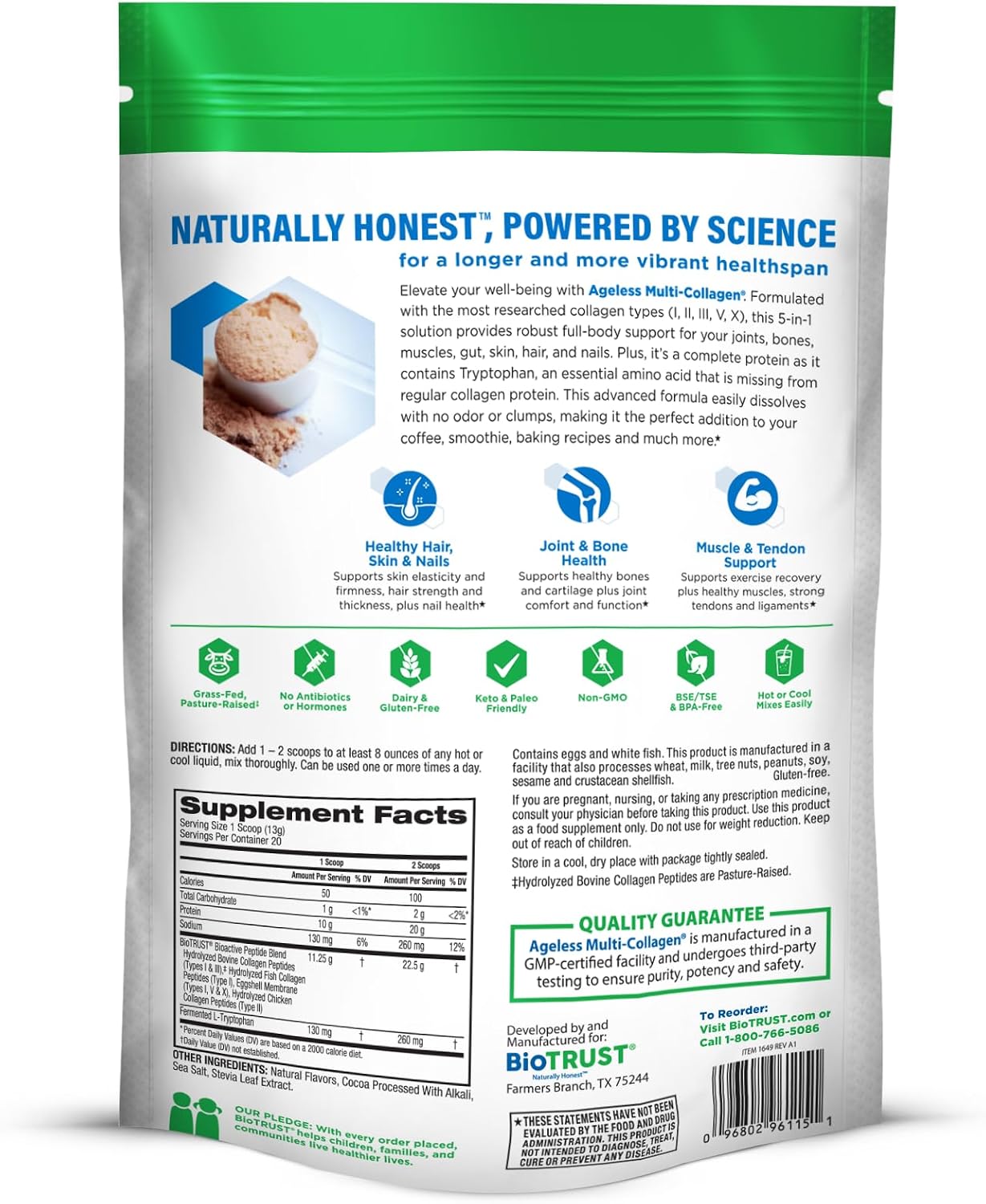 BioTrust Multi Collagen Peptides Unflavored Powder - Hydrolyzed, Grass Fed | 5 collagen types (I, II, III, V & X) from grass fed beef, fish, chicken & eggshell membrane with protein support