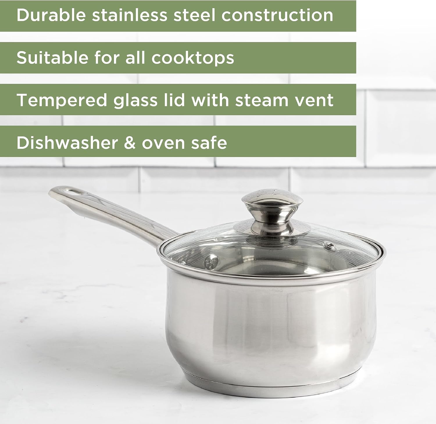 Ecolution Stainless Steel Sauce Pan, Encapsulated Induction Ready Cooking Pot with Glass Lid, Oven Safe, Dishwasher Safe Soup Pot, 2-Quart