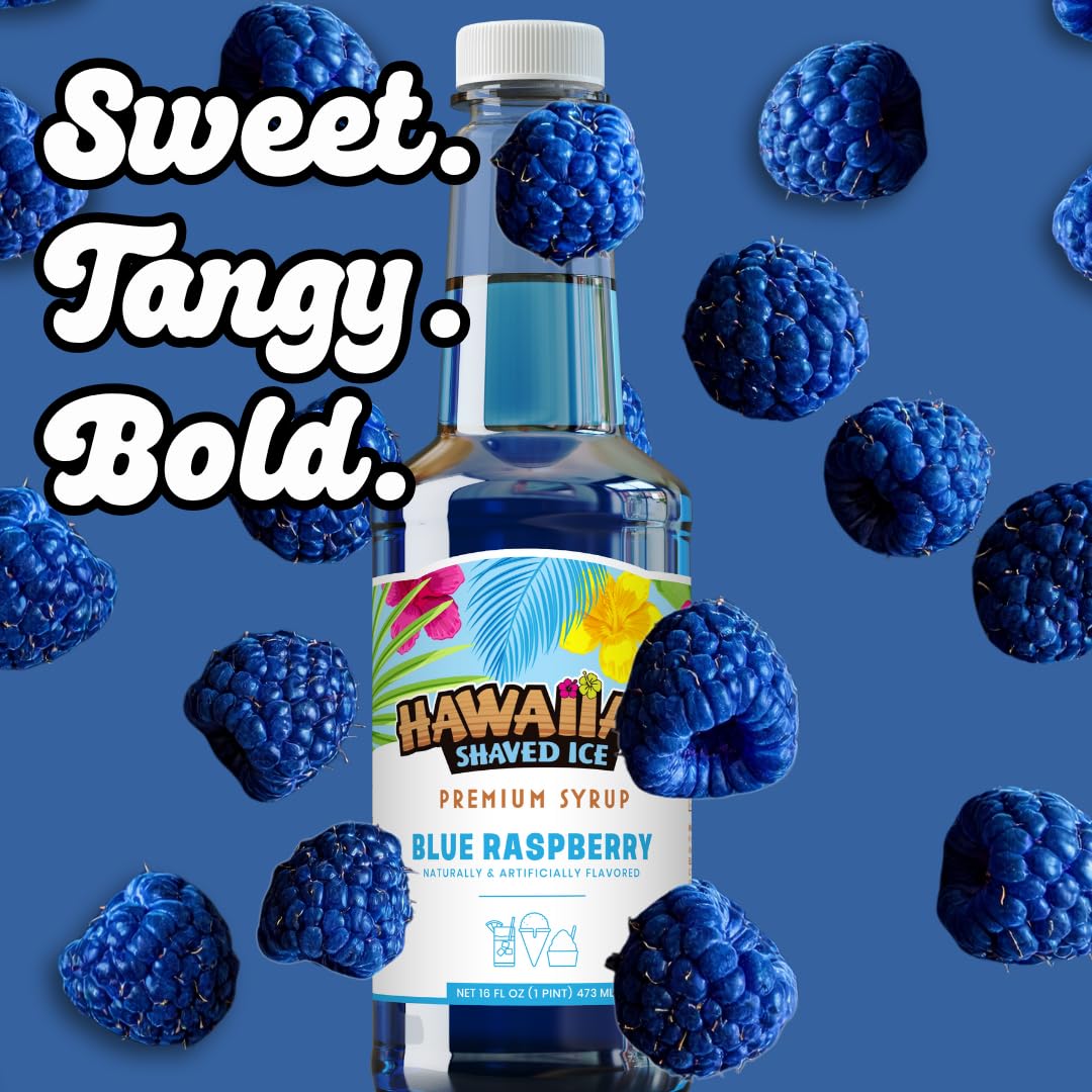 Hawaiian Shaved Ice Blue Raspberry Syrup - Made Nut Soy Dairy Free in the USA - Flavor Fluffy Shaved & Crunchy Snow Cone - Shelf Stable After Opening - Makes 8 Servings - 16 ounces