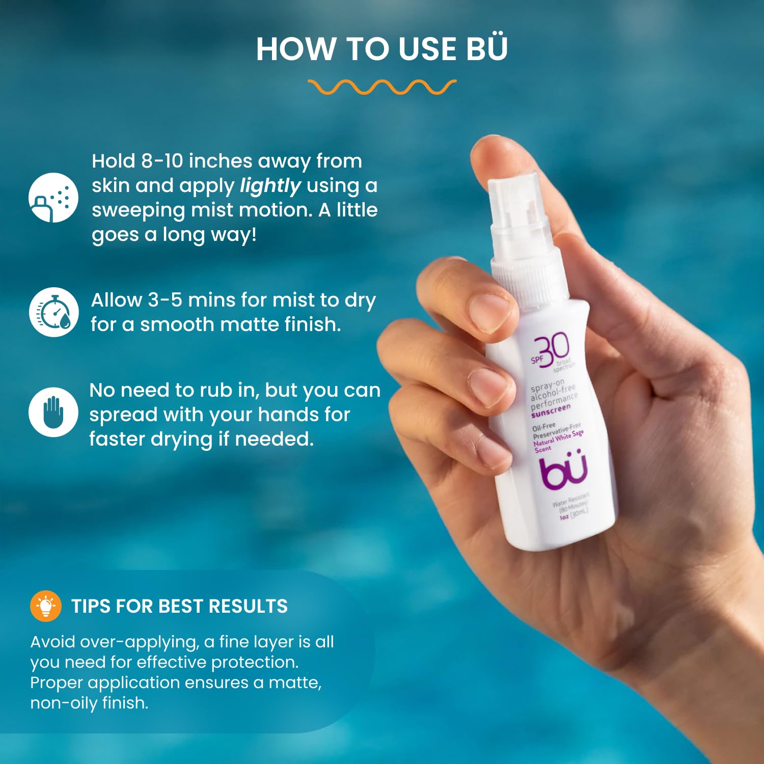 BU SPF 30 Sunscreen Spray for Face and Body, Non Aerosol Spray, Ultrafine WOWmist, TSA Travel Size Sunscreen, Clear, Non Greasy, Water Resistant, White Sage 3.3 oz