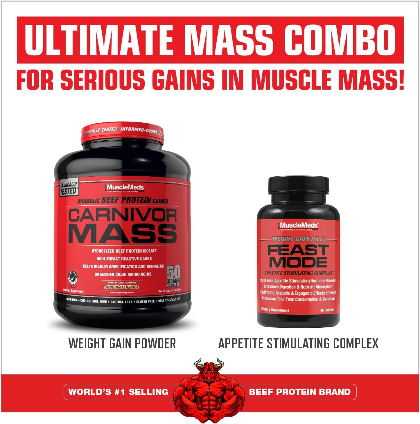 MuscleMeds CARNIVOR Mass Gainer Beef Protein Isolate Shake, 50 Grams Protein, 125 Grams Carbs, 0 Fat, 0 Sugar, Lactose Free, Halal Certified, Chocolate Peanut Butter, 6 Pound