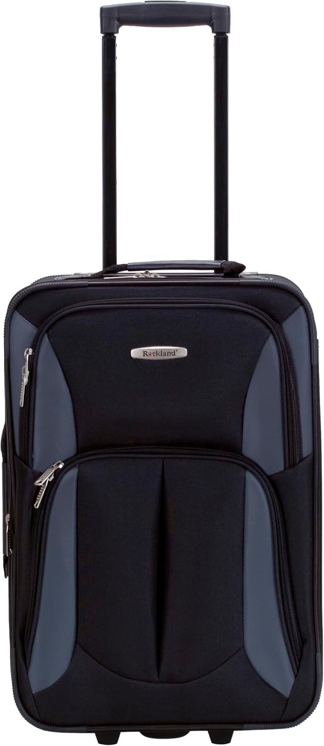 Rockland Fashion Softside Upright Luggage Set,Expandable, Telescopic Handle, Wheel, Black Dot, 2-Piece (14/19)