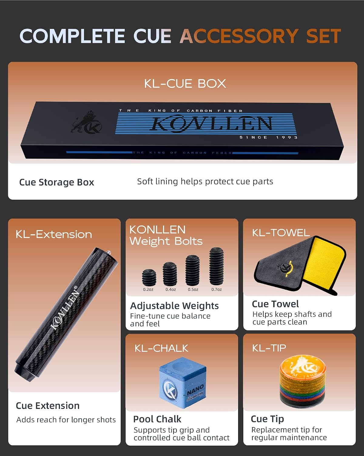 KONLLEN Carbon Fiber Pool Cue Stick 58-inch Professional Pool Sticks for Adults Full Carbon Technology Low Deflection Pool Cue Billiard Cues with 12.5mm Tip (Easy to Control, Pro Taper, Ultra-Smooth)