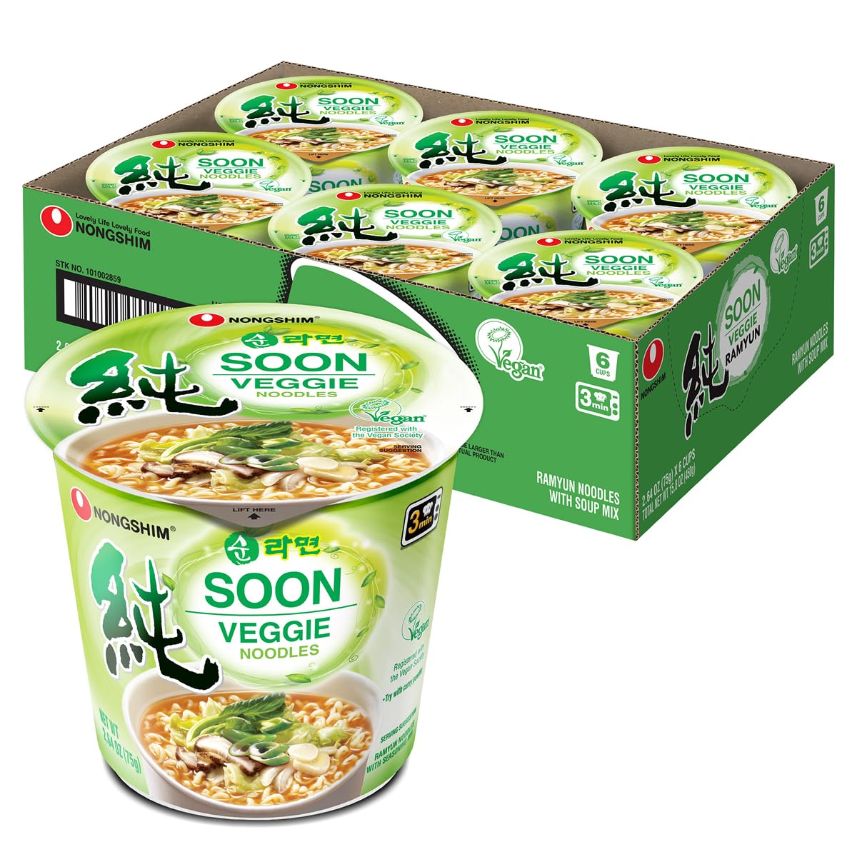 Nongshim Soon Veggie Ramyun Noodles, Signature Korean Instant Ramyun, Vegetable Flavored Broth, Vegan Noodles, Quick & Easy, Microwaveable Cup, 2.64 oz (Pack of 6)