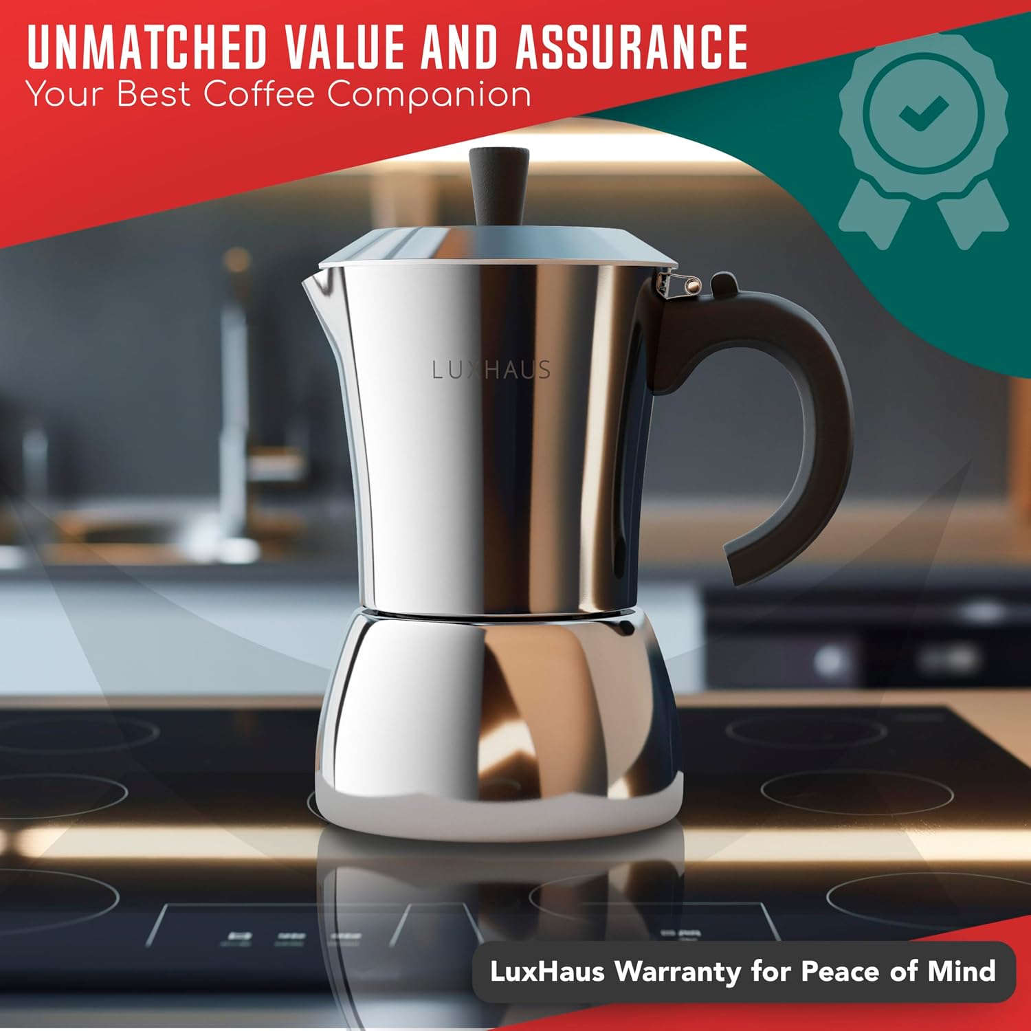 LuxHaus 3 Cup Moka Pot (2oz each cup - 6oz total) Stovetop Espresso Maker - Stainless Steel Italian and Cuban Mocha Coffee Maker