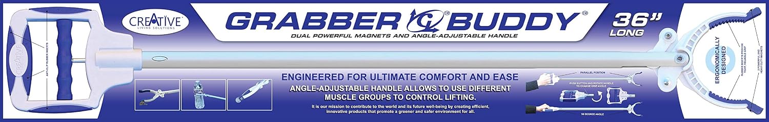 Grabber Buddy Reacher with Dual Powerful Magnets, Ergonomic Angle Adjustable Handle & Rubber Grip Tips Pick Up Tool 36" - 2 Pack