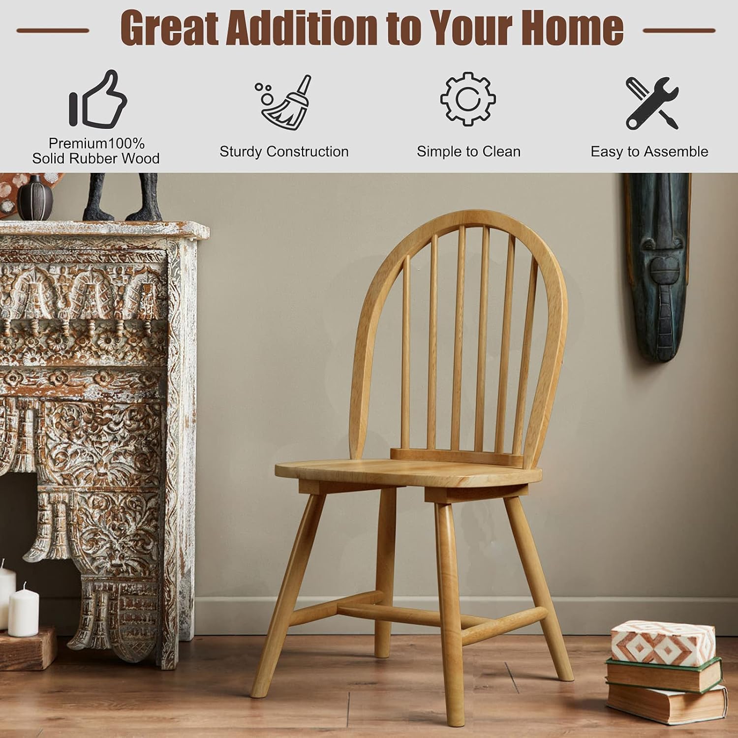 GIANTEX Wood Dining Chairs Set of 4, Windsor Chairs with Solid Wood Legs, High Spindle Back, H-Shaped Crossbars