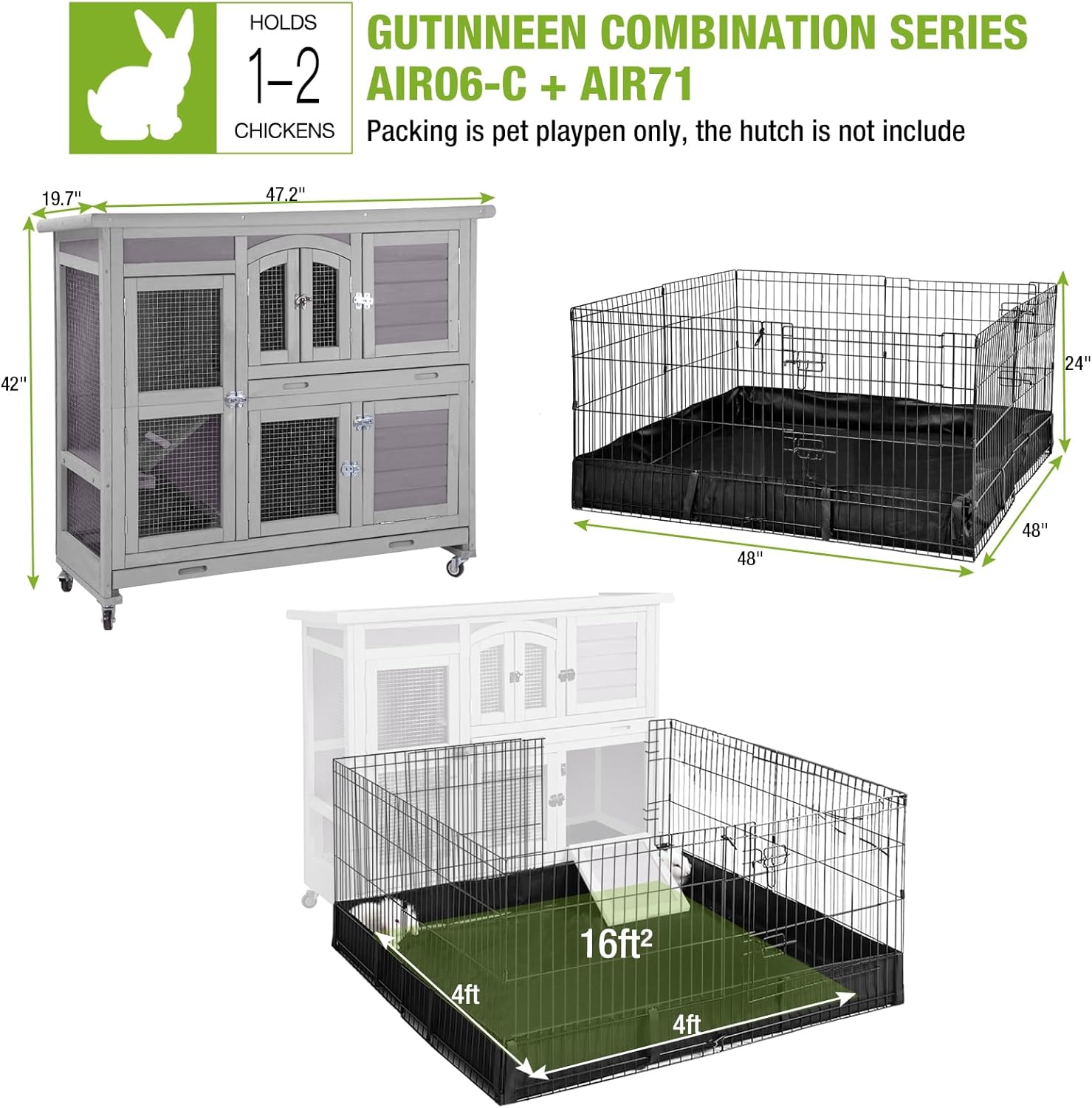 GUTINNEEN Rabbit Hutch Indoor Outdoor Bunny House Guinea Pig Cage on Wheel with Plastic Tray