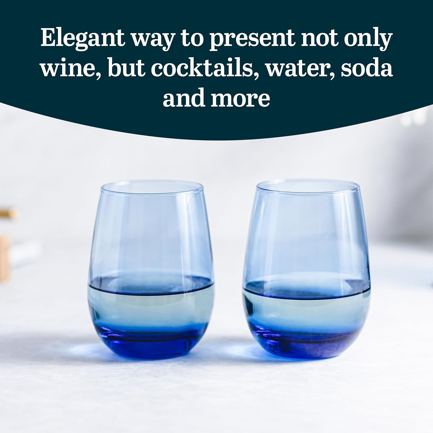Libbey Classic Blue All-Purpose Stemless Wine Glasses Set 6, Timeless Wine Cups Set of 6, 15.25 Oz, Wine Glass Set for Dinners, Weeknights