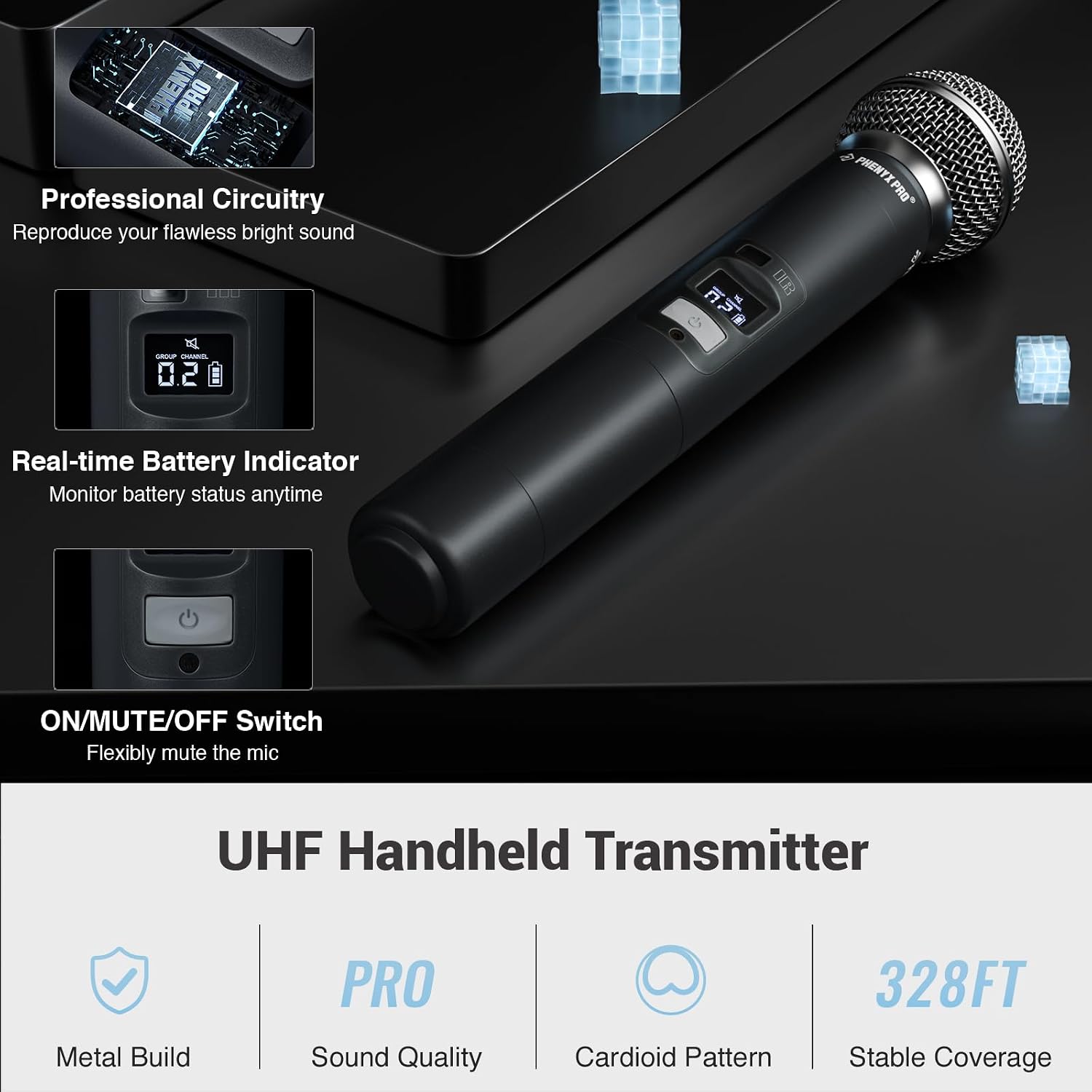 Phenyx Pro Dual UHF Auto Scan Handheld Wireless Microphone System PTU-71-2H | 2 Dynamic Mics, 2 x 100 Frequencies, 328 ft Range, Live Vocals