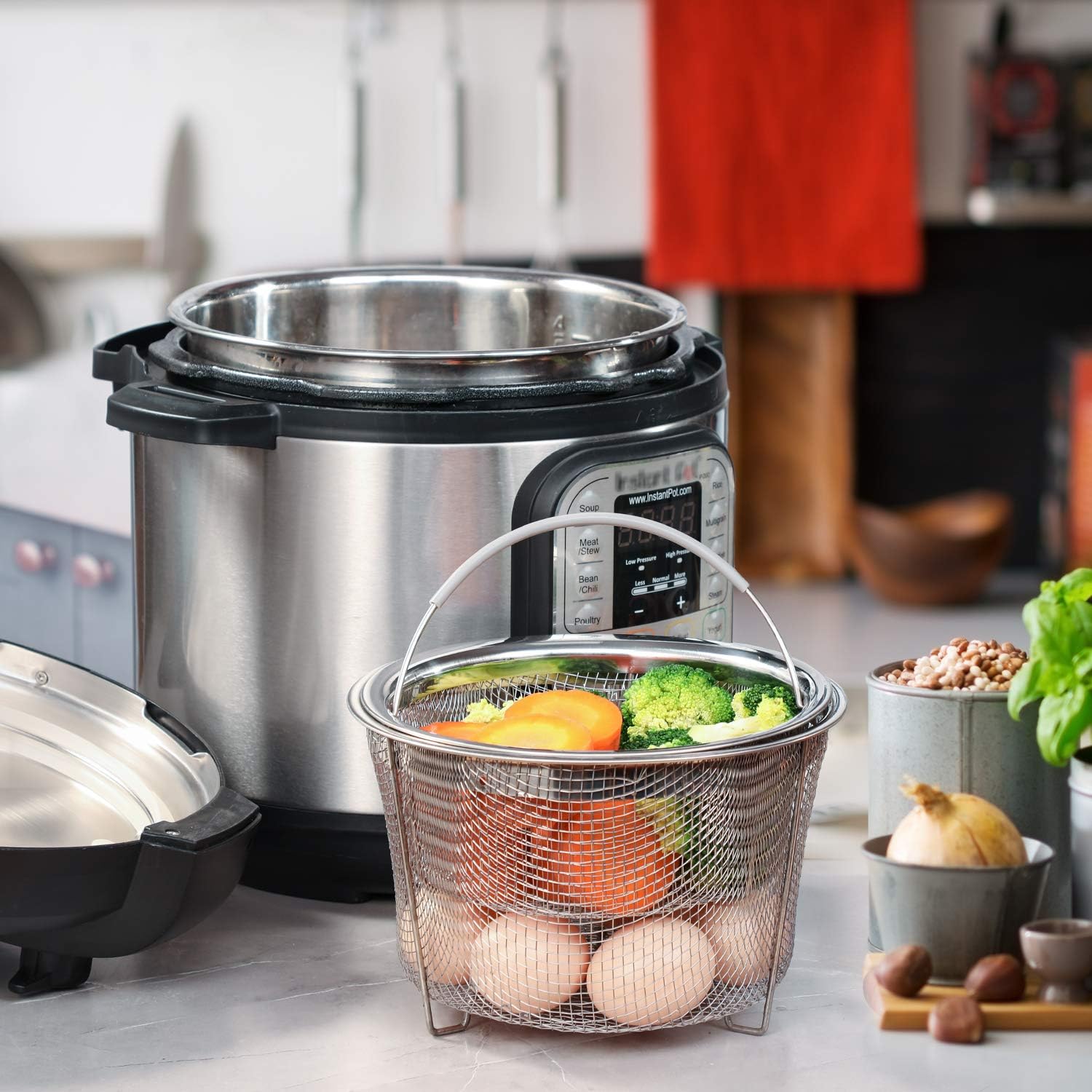 AOZITA Steamer Basket for Instant Pot Accessories 6 qt or 8 quart - 2 Tier Stackable 18/8 Stainless Steel Mesh - Silicone Handle - Vegetable Steamer
