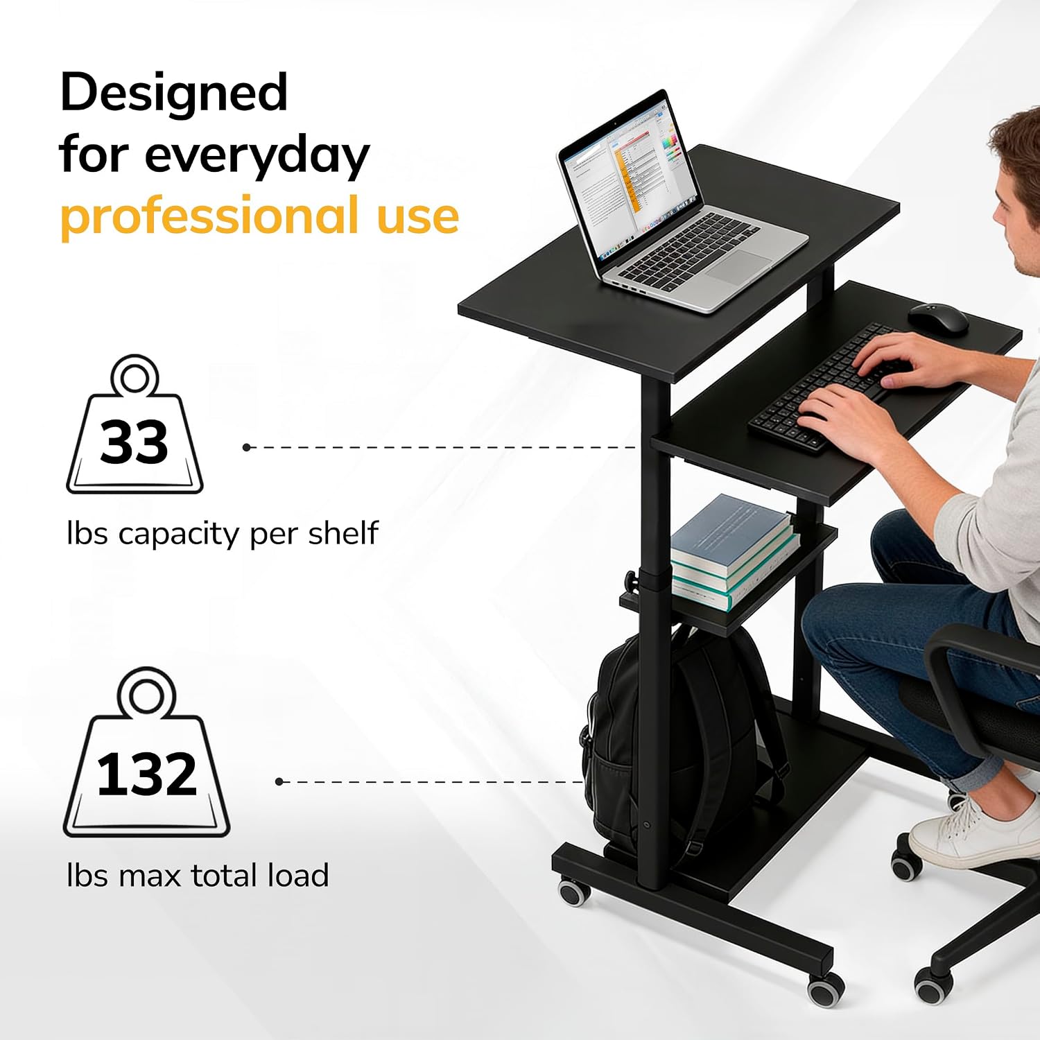 Mount-It! Black Rolling Standing Desk, Adjustable Height up to 54.7", Portable Laptop Podium Desk on Wheels, Mobile Computer Workstation with 4 Shelves 27.5" Wide, Cart for Home Office or Classroom