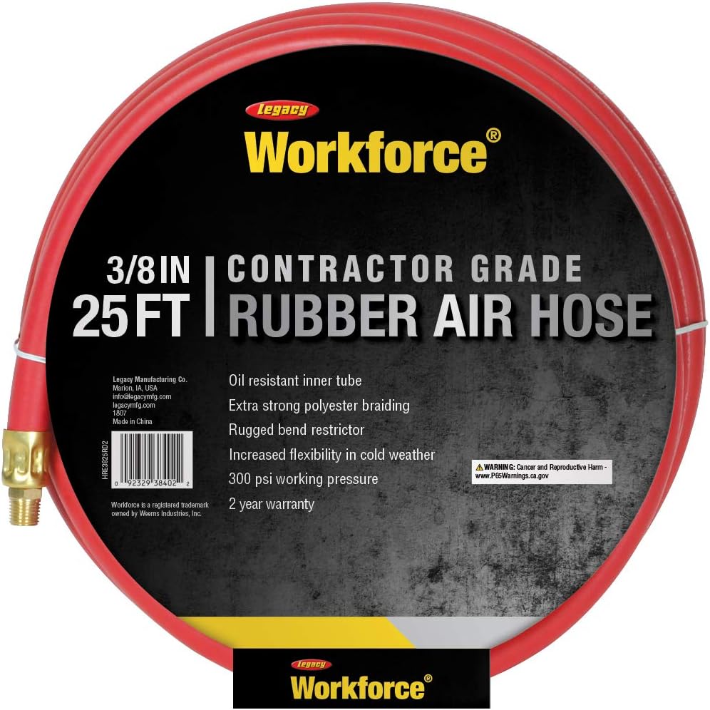 Workforce Air Hose, 3/8 in. x 50 ft., 1/4 Fittings, Rubber, Red - HRE3850RD2