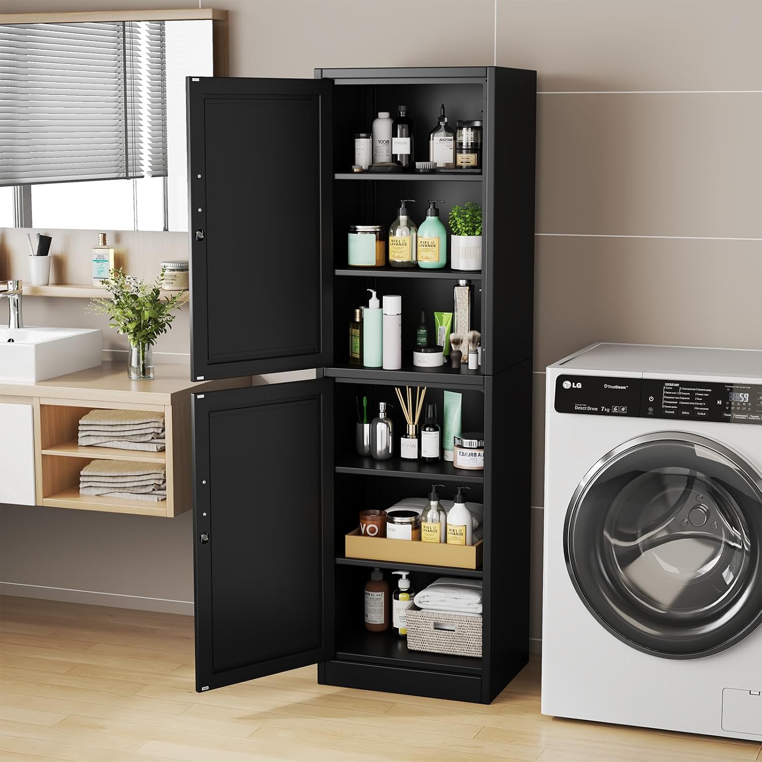 pozdeg 67" Tall Narrow White Metal Storage Cabinet | 2 Doors, 4 Adjustable Shelves, Freestanding Slim Pantry Organizer for Bathroom Kitchen Living Room