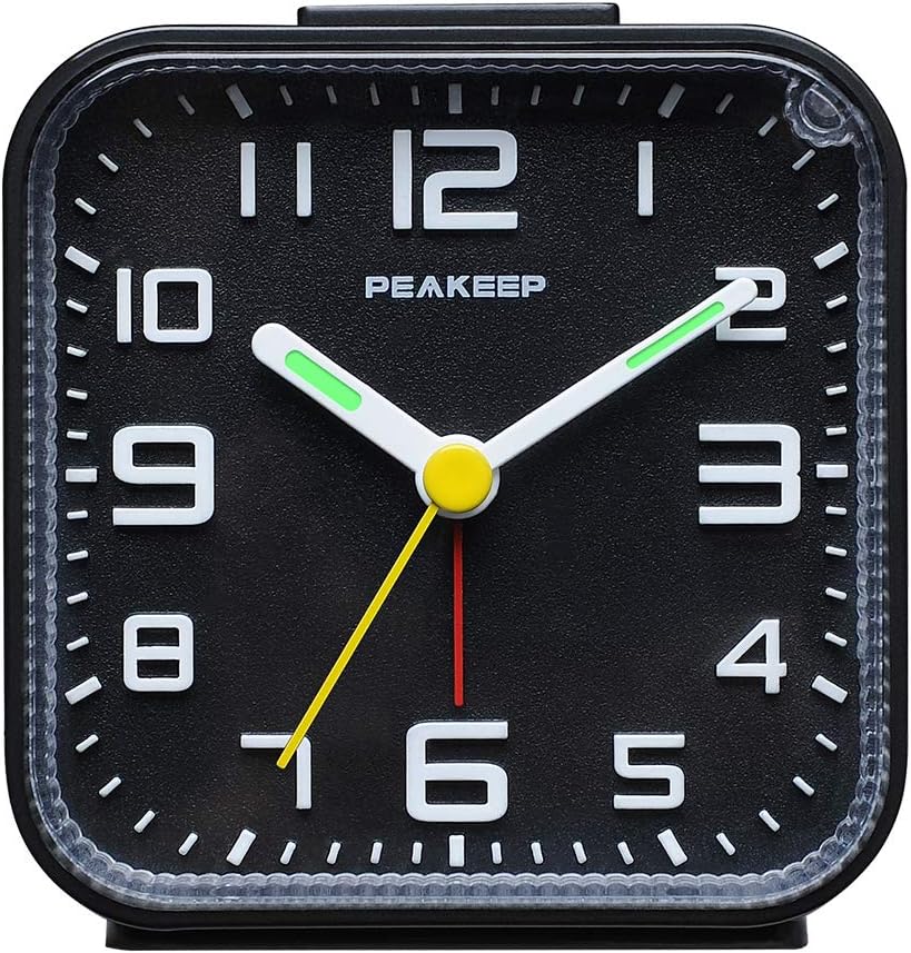 Peakeep Small Battery Operated Analog Travel Alarm Clock Silent | No Ticking, Lighted on Demand and Snooze, Beep Sounds, Gentle Wake, Ascending Alarm, Easy Set (Black)