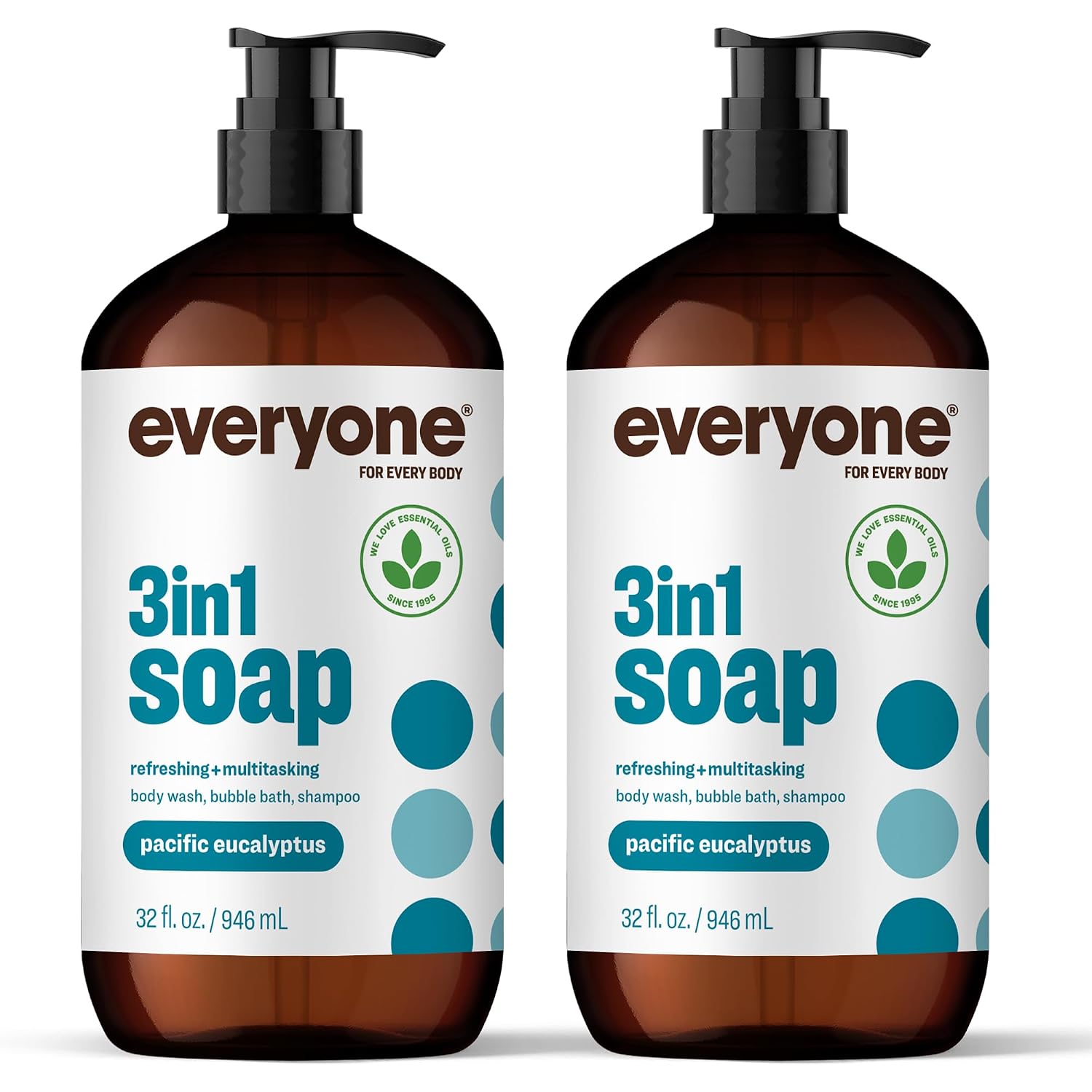Everyone 3-in-1 Soap Body Wash Bubble Bath Shampoo Coconut Lemon 32oz 2pk | Natural essential oil formula | body wash | shampoo | bubble bath in one | coconut lemon scent | bulk value 2-pack