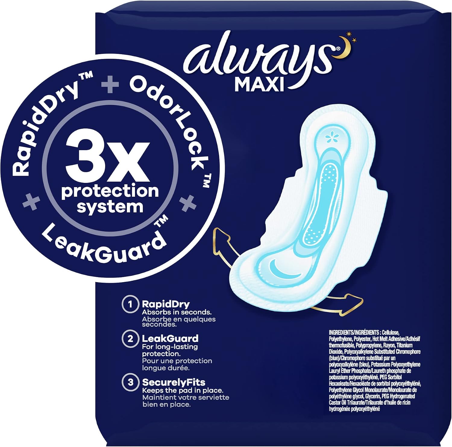 Always Maxi Overnight Pads with Wings for Women, Size 5, Extra Heavy Overnight Absorbency, Unscented, 36 Count