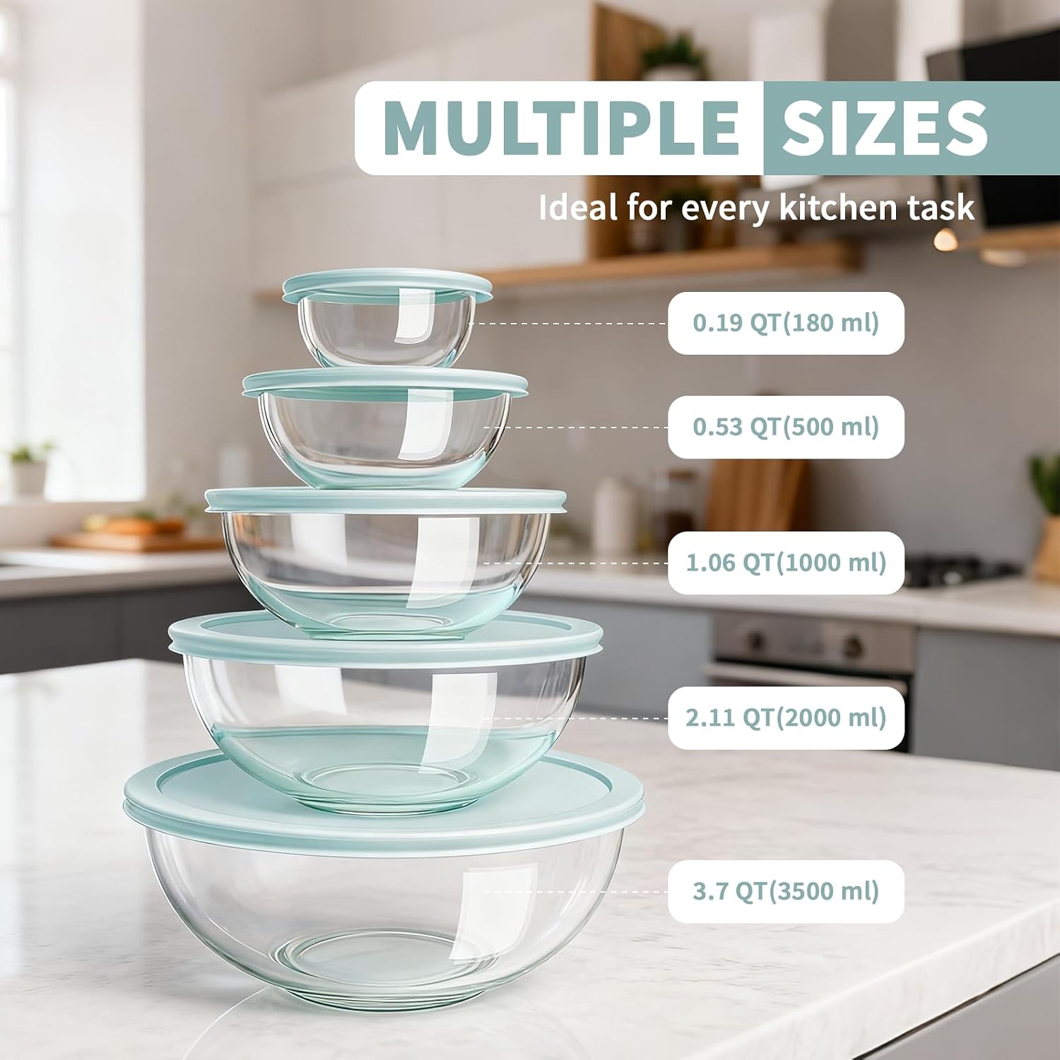 Luvan Glass Mixing Bowls with Lids Set(4.5QT, 2.7QT, 1.1QT)-Large Glass Mixing Bowls, Clear Salad Bowl for Baking, Cooking, Serving, Food Prep, 3PC Nesting Bowls for Kitchen Storage & Dishwasher Safe