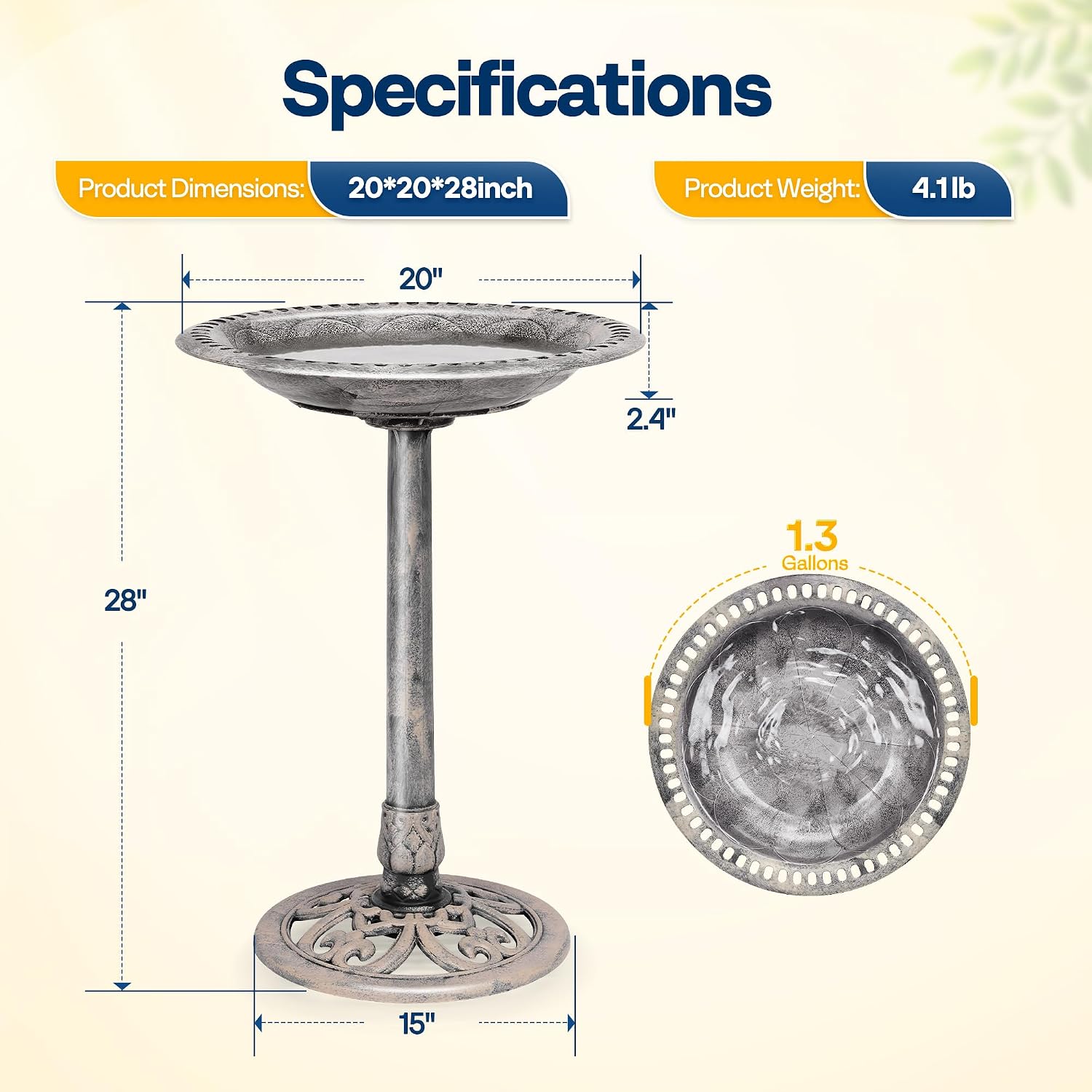 VIVOHOME Bird Bath for Outside, Polyresin Pedestal Birdbath, Green | Weather-Resistant, 20-Inch Bowl, 28-Inch Height, for Outdoor/Garden, Bird-Friendly, Easy to Clean