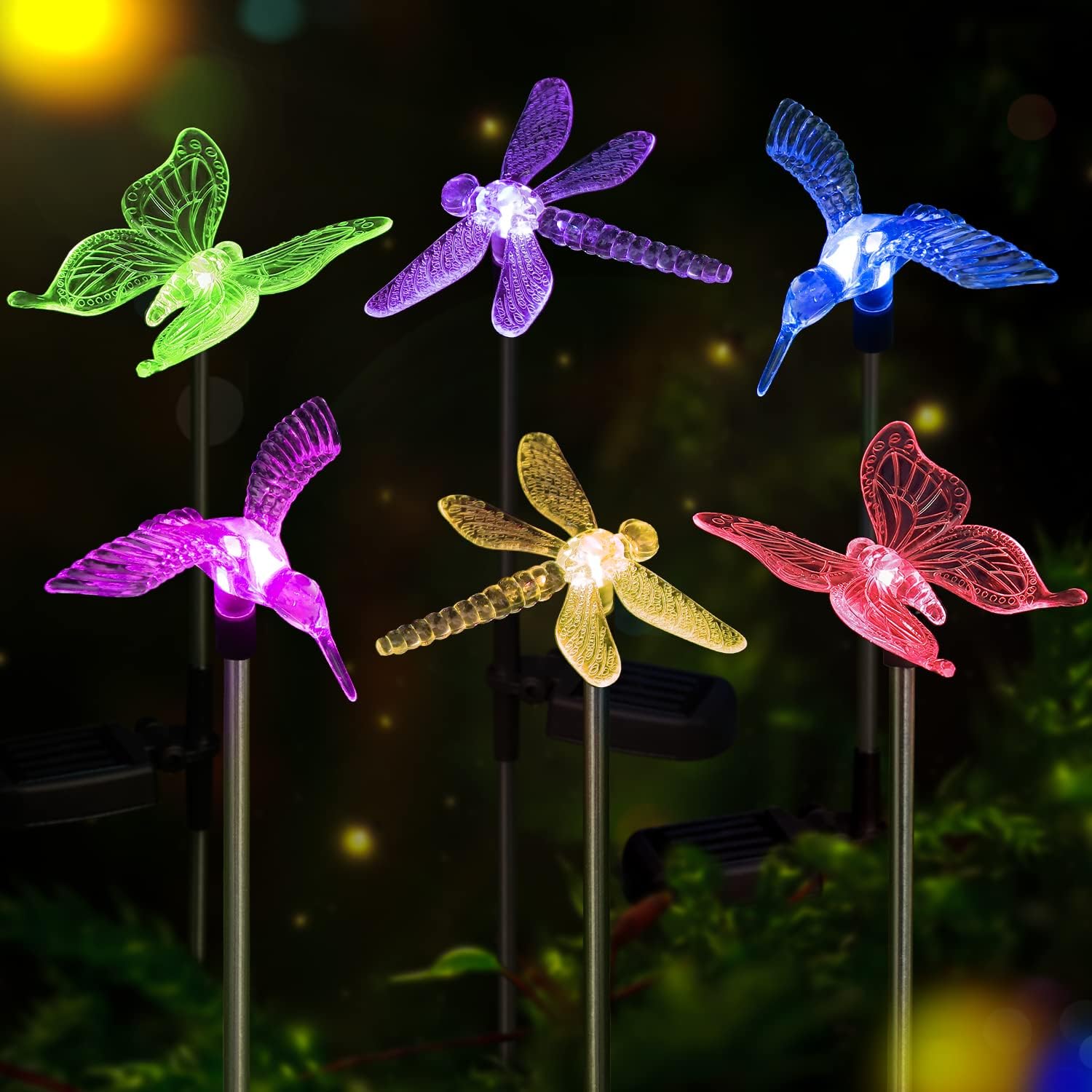 OxyLED Solar Garden Stake Light 6 Pack Outdoor Figurine Lighting Waterproof | Color Changing Solar Hummingbird Lights Butterfly Dragonfly for Patio