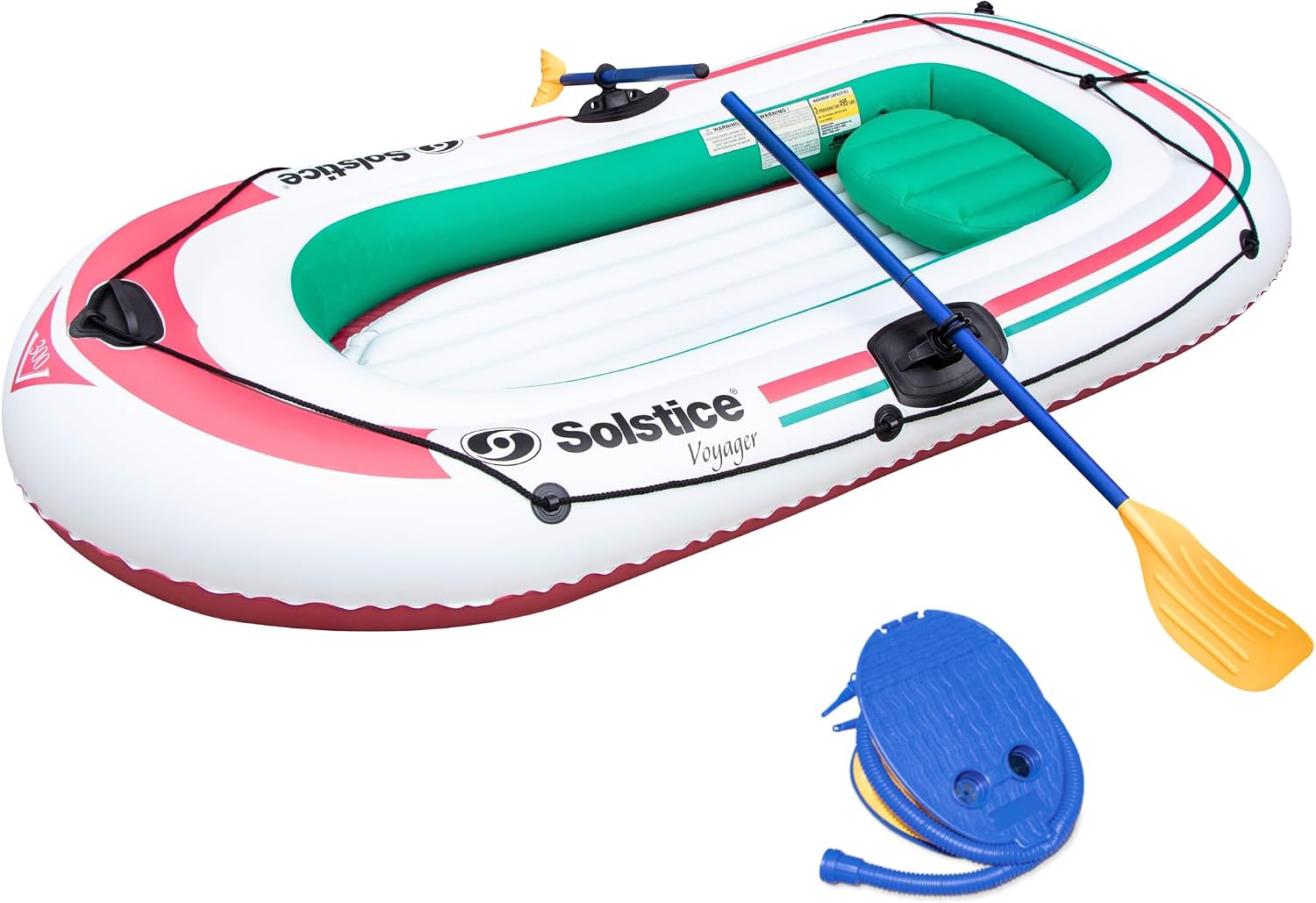 Solstice Voyager 4-Person Inflatable Fishing Boat with Dual Swivel Oar Locks and Rod -Holder, Motor Compatible 9' x 5'