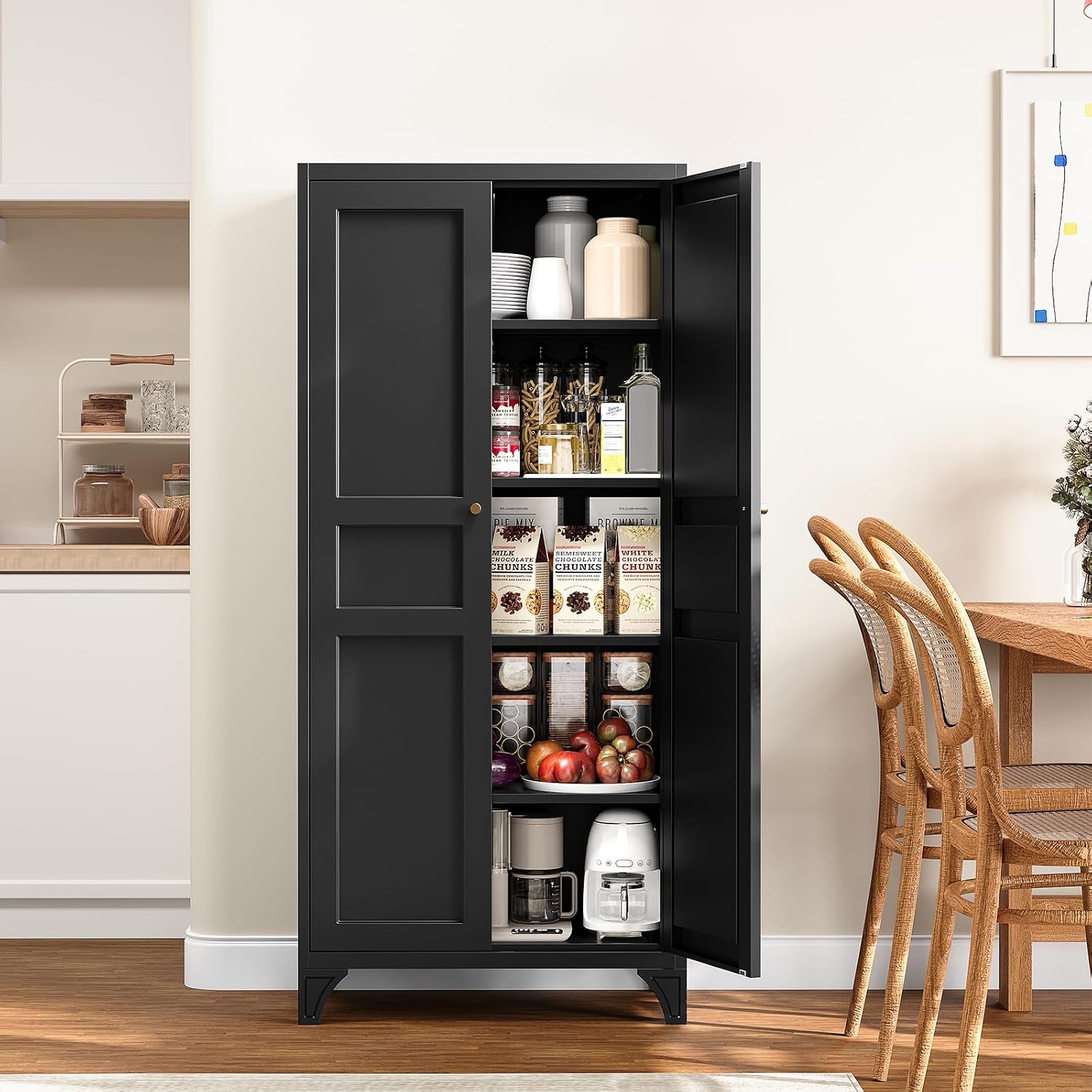 Metal Storage Cabinet with 2 Doors and 4 Adjustable Shelves - 61" White Kitchen Pantry Storage 5-Tier Tall Steel Cabinets Locker for Kitchen, Living Room, Dining Room