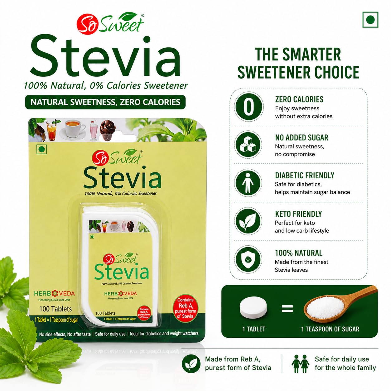 So Sweet Stevia 500 Tablet Dispenser - Natural Sweetener, Zero Calories, Keto-Friendly, Sugar Substitute, No Artificial Flavors, Convenient Travel Size