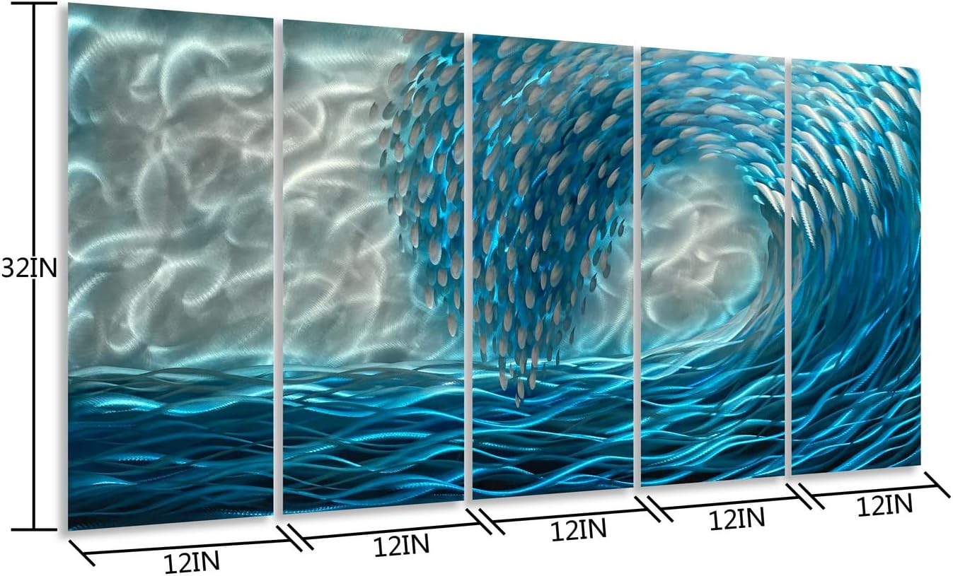 Yihui Arts Handcrafted 3D Metal Wall Art - Ocean Wave Sculpture, 5 - Panel Aluminum Decor for Living Room, Bedroom & Office
