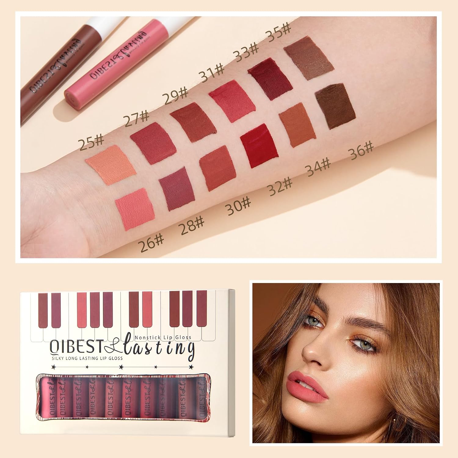 QiBest 7Pcs Matte Liquid Lipstick + 1Pcs Lip Plumper Makeup Set Kit, Pigmented Long Lasting Lip Gloss Set