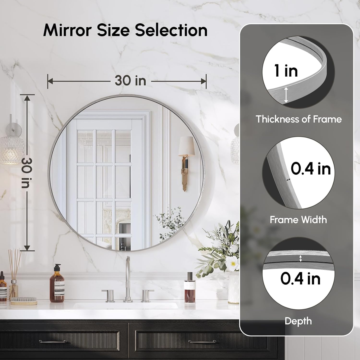 USHOWER Frameless Round Bathroom Mirror 24"