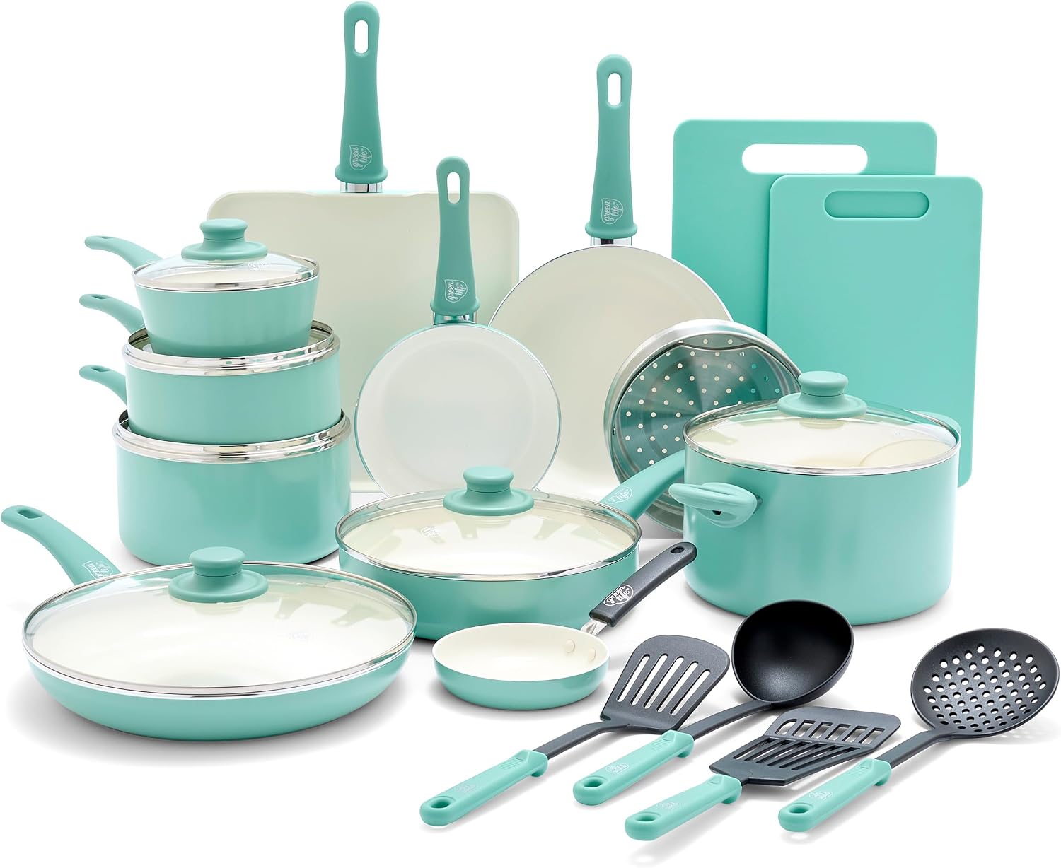 GreenLife Soft Grip Healthy Ceramic Nonstick, 15 Piece Cookware Pots and Pans Set, Induction, PFAS-Free, Dishwasher Safe, Turquoise