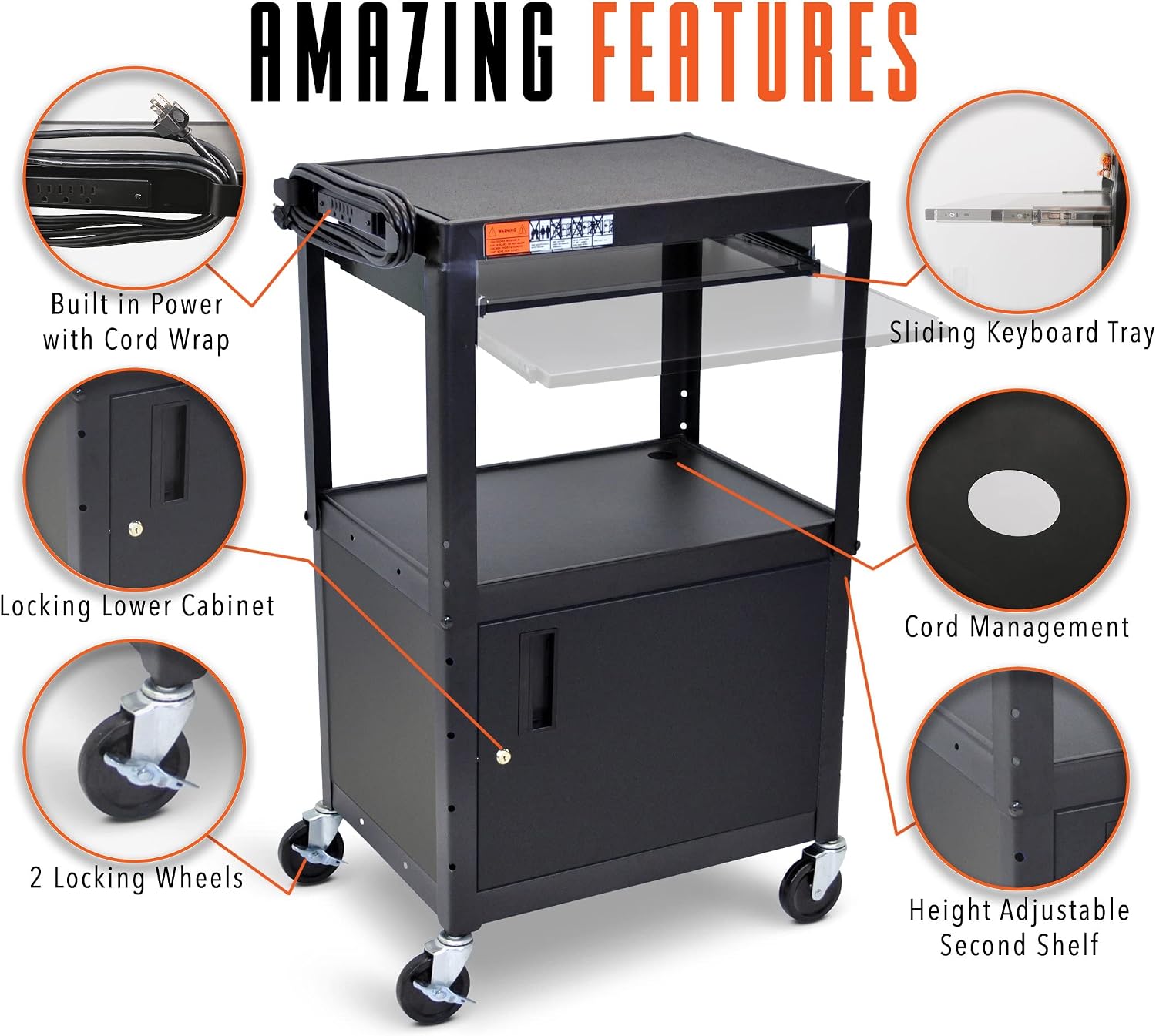 Line Leader AV Cart w/Locking Cabinet, Black Metal Utility Cart with Storage Shelf - Height Adjustable, Mobile and Great for Offices, Classrooms, Libraries (Black, 24in x 18in)